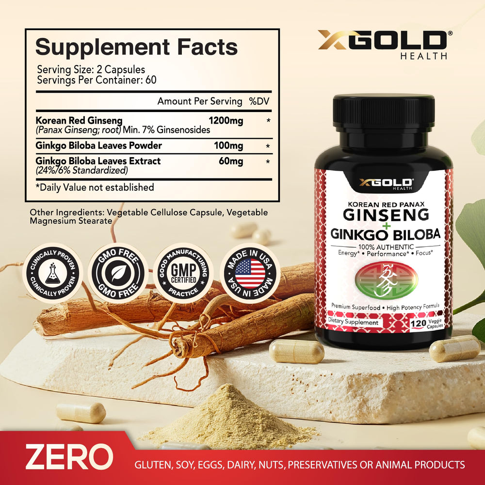 X Gold Health capsules in blister pack emphasize 7% ginsenosides and extra strength