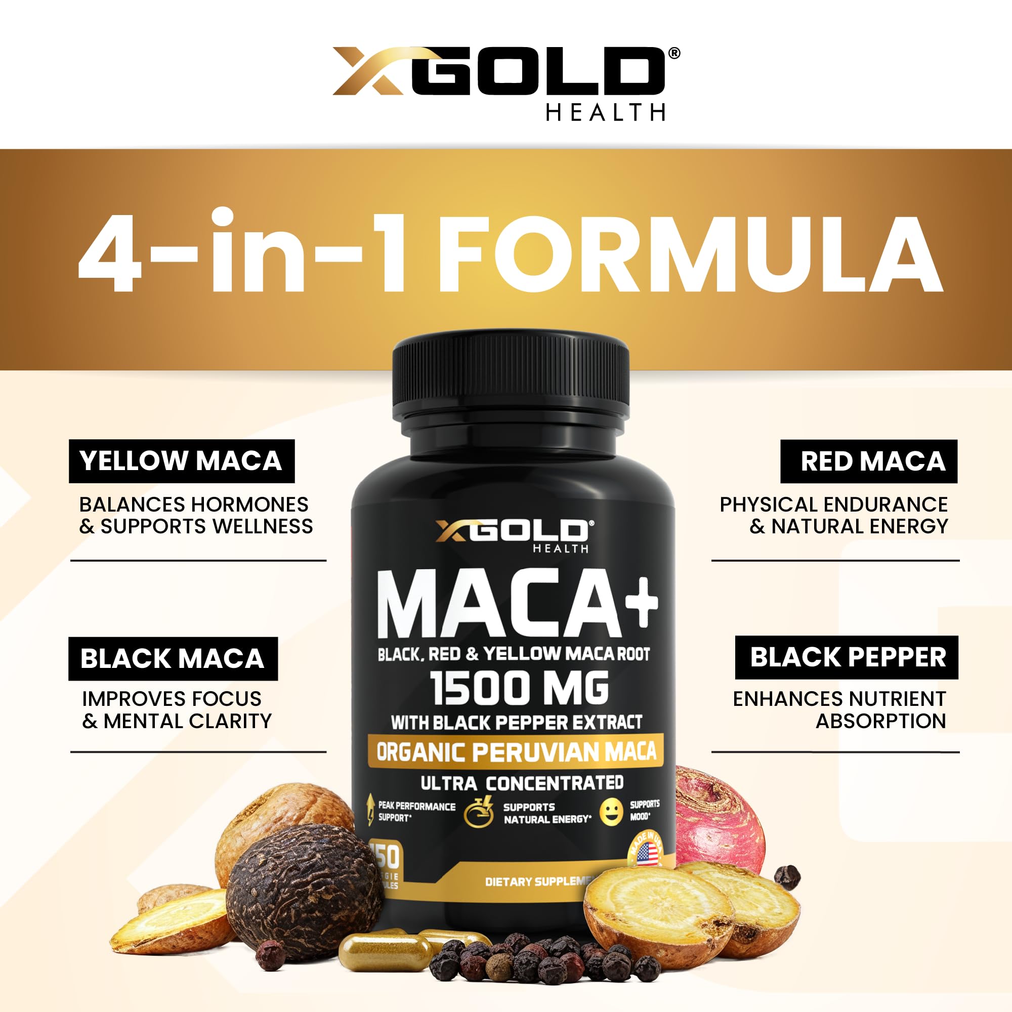 X Gold Health packaging emphasizes black pepper extract for enhanced nutrient absorption.