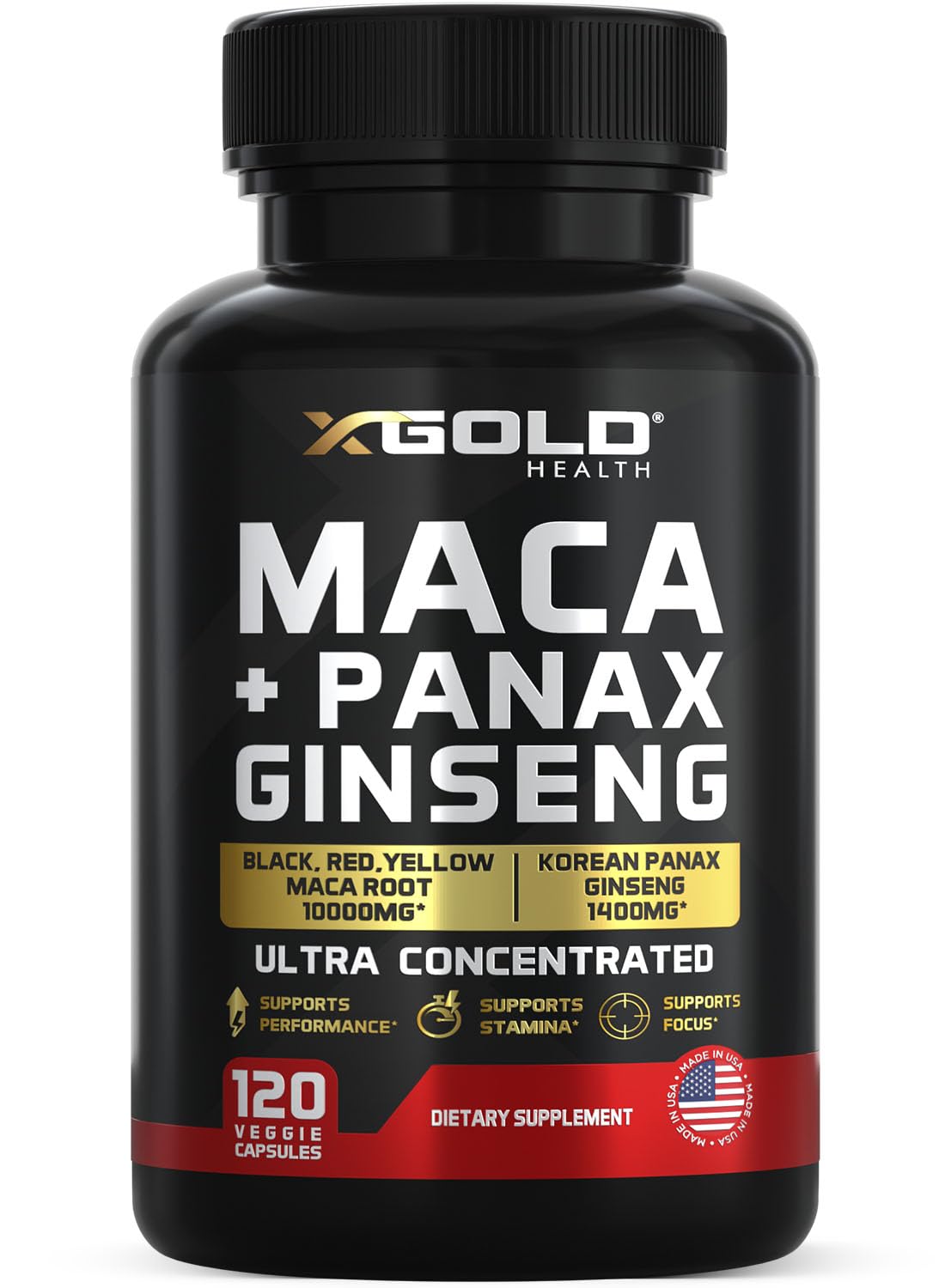 X Gold Health Maca Root + Ginseng bottle with capsules for daily energy.