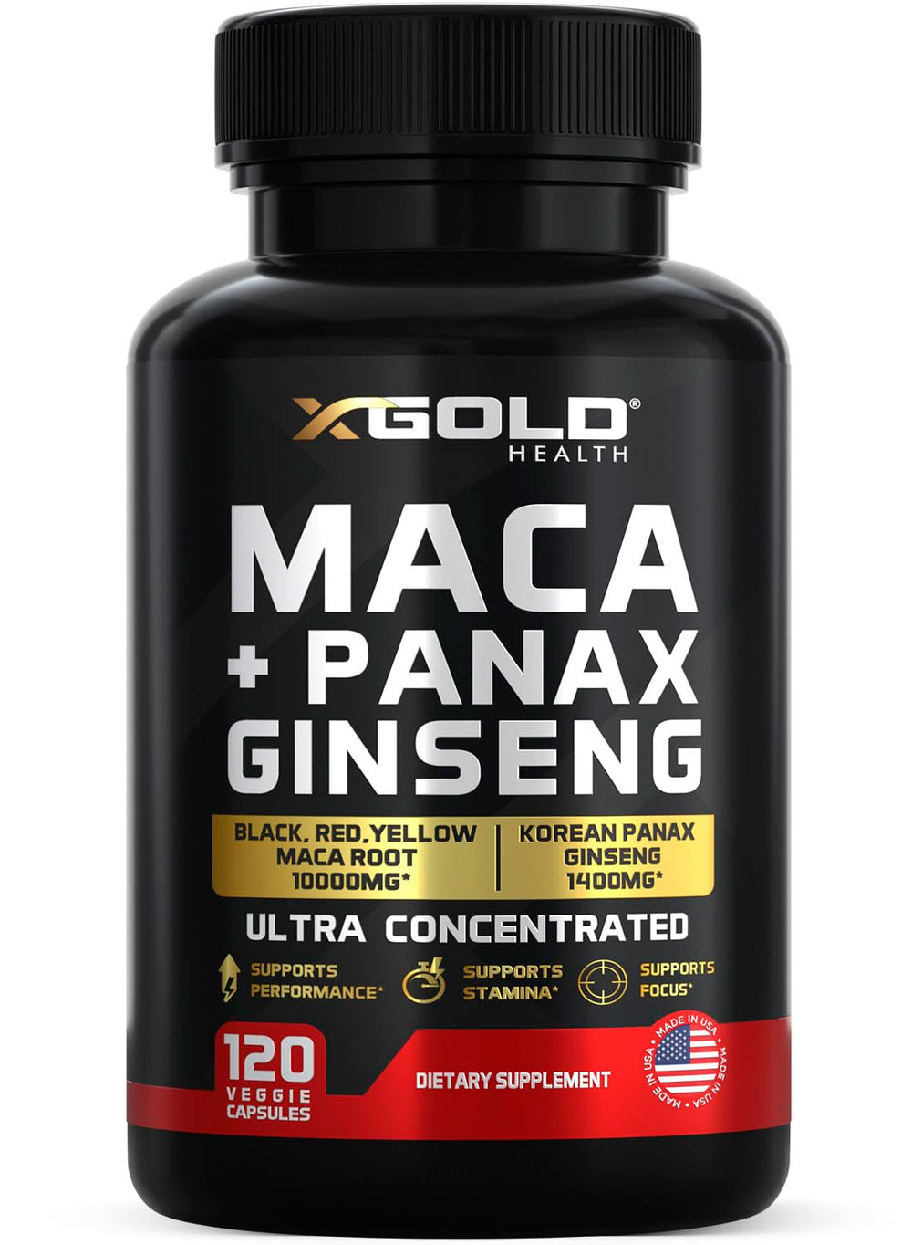 X Gold Health Maca Root + Ginseng bottle with capsules for daily energy.