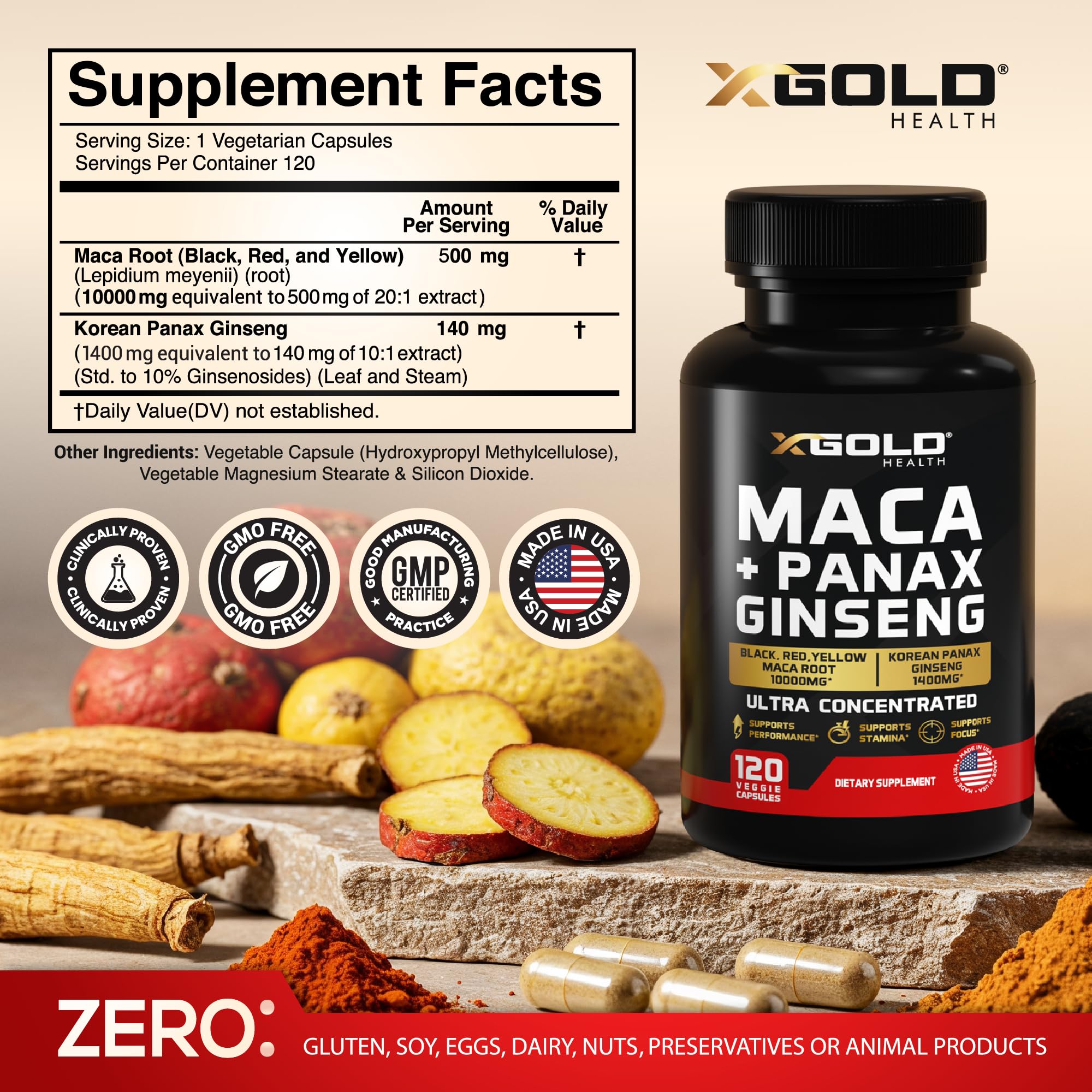 Close-up of X Gold Health Maca-Ginseng capsules showing premium coating.