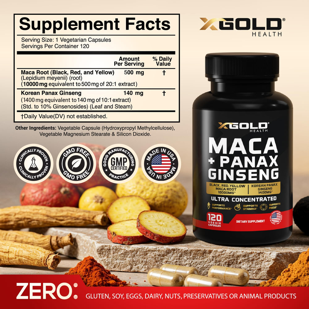 Close-up of X Gold Health Maca-Ginseng capsules showing premium coating.