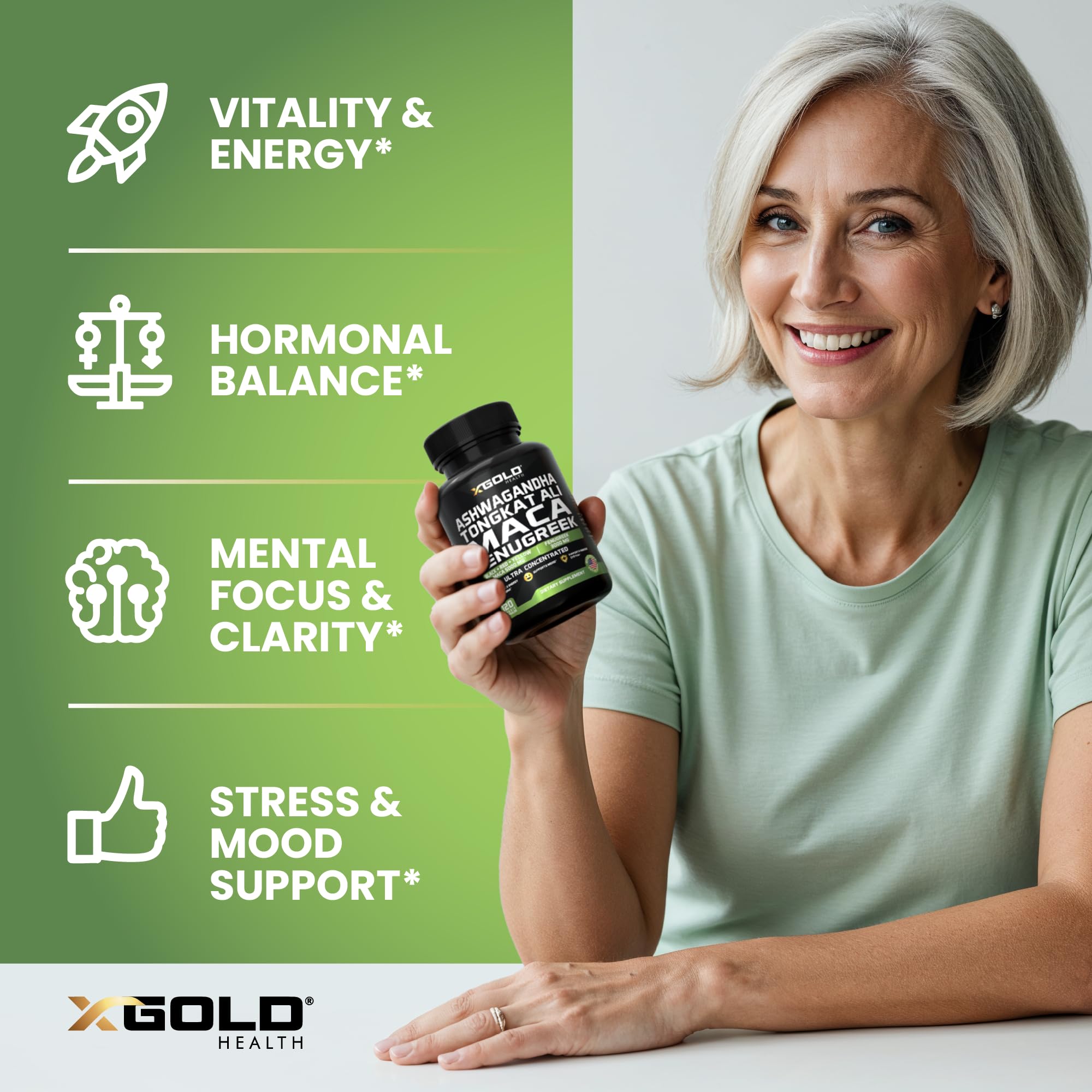 X Gold Health maca-root-20-1 extract capsule highlighting long-lasting stamina.