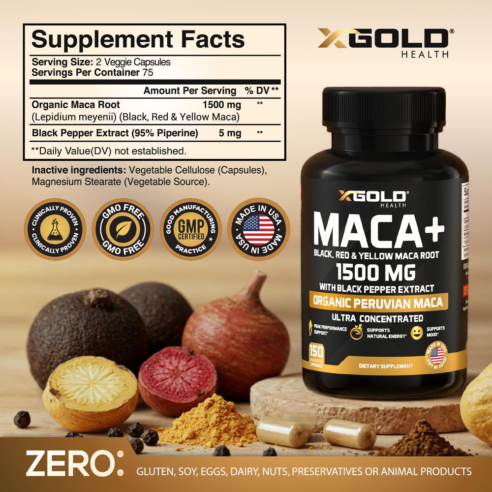 X Gold Health maca bottle label close-up highlights tri-color maca for vitality support.