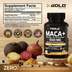 X Gold Health maca bottle label close-up highlights tri-color maca for vitality support.