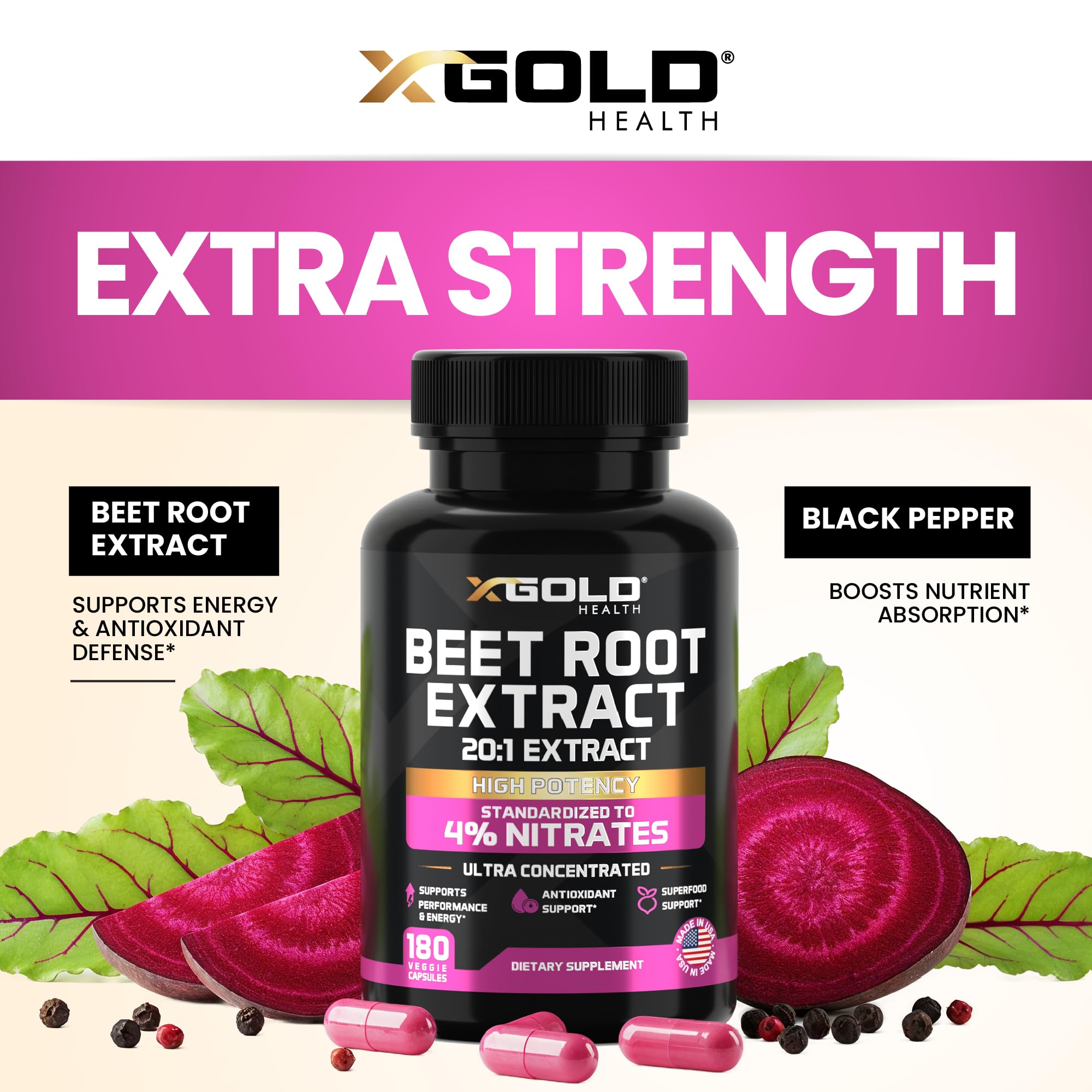 Made in USA GMP facility quality guarantee for X Gold Health beet root product.