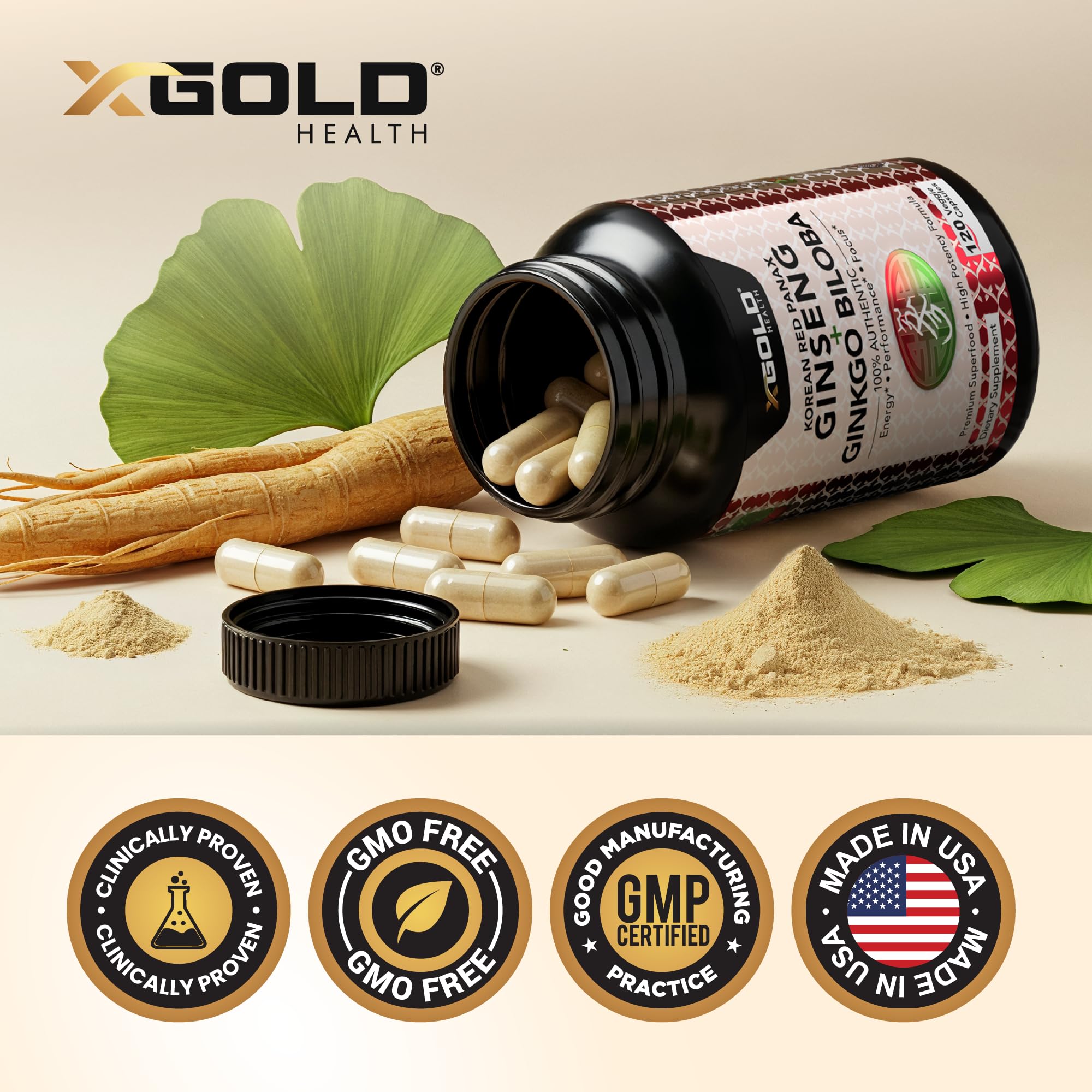Made-in-USA GMP facility branding with capsule bottle on a desk