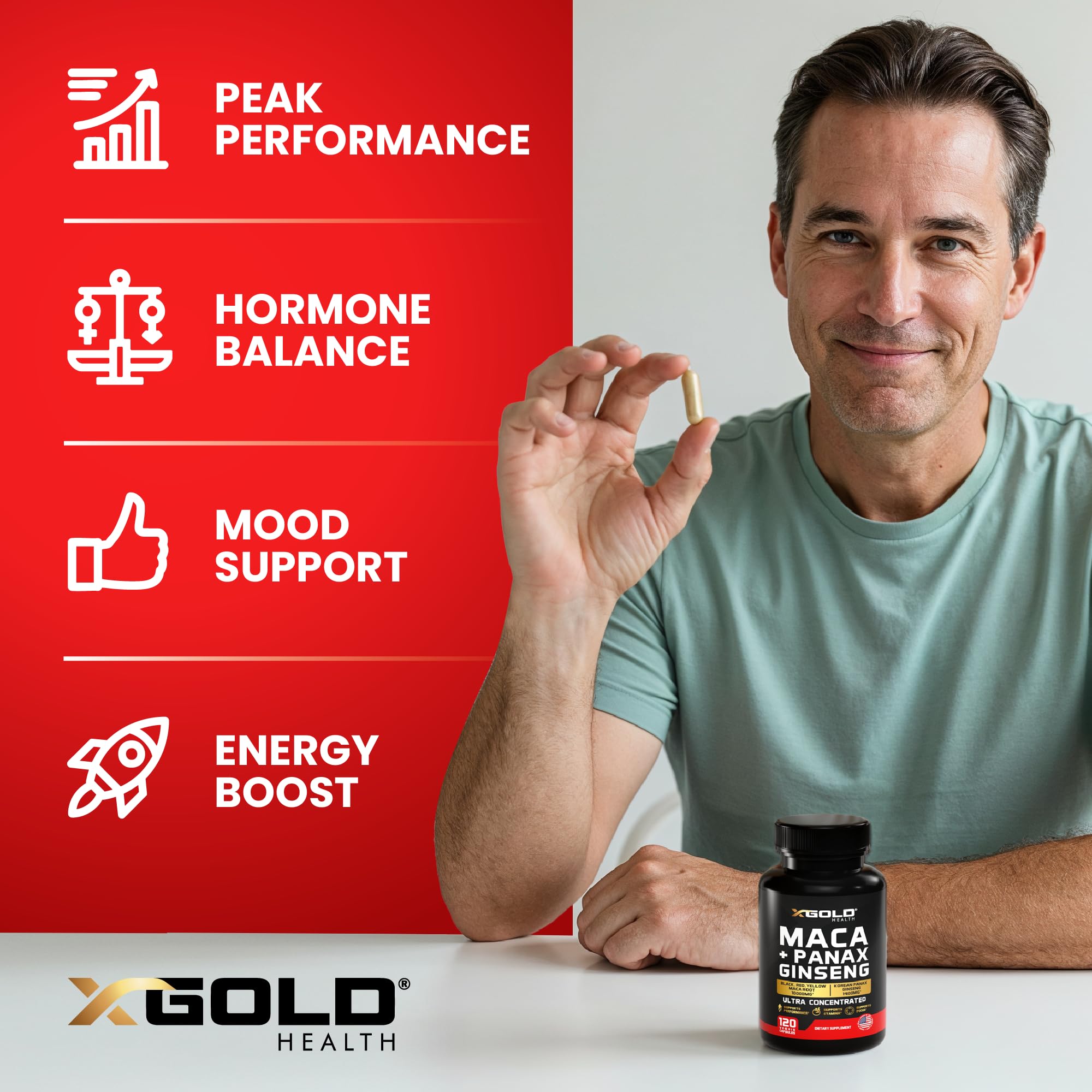Packaging label highlights 20:1 maca and 10:1 ginseng potency.