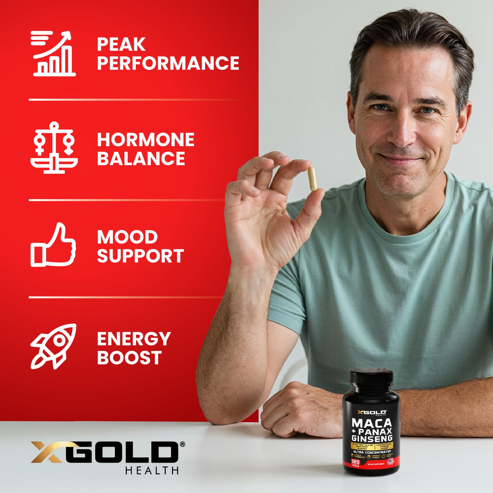 Packaging label highlights 20:1 maca and 10:1 ginseng potency.