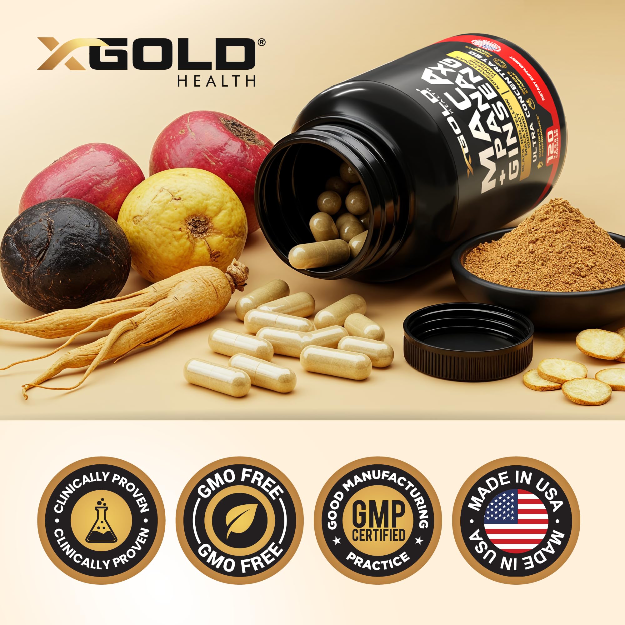 Peru-sourced maca icon on label signals quality.