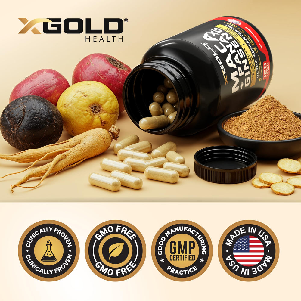 Peru-sourced maca icon on label signals quality.