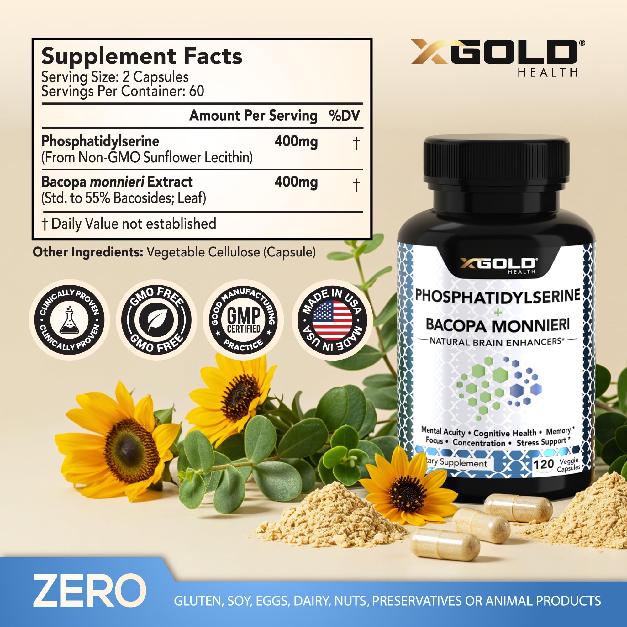 X Gold Health capsules closeup highlighting the vegan nootropic blend for memory and concentration.