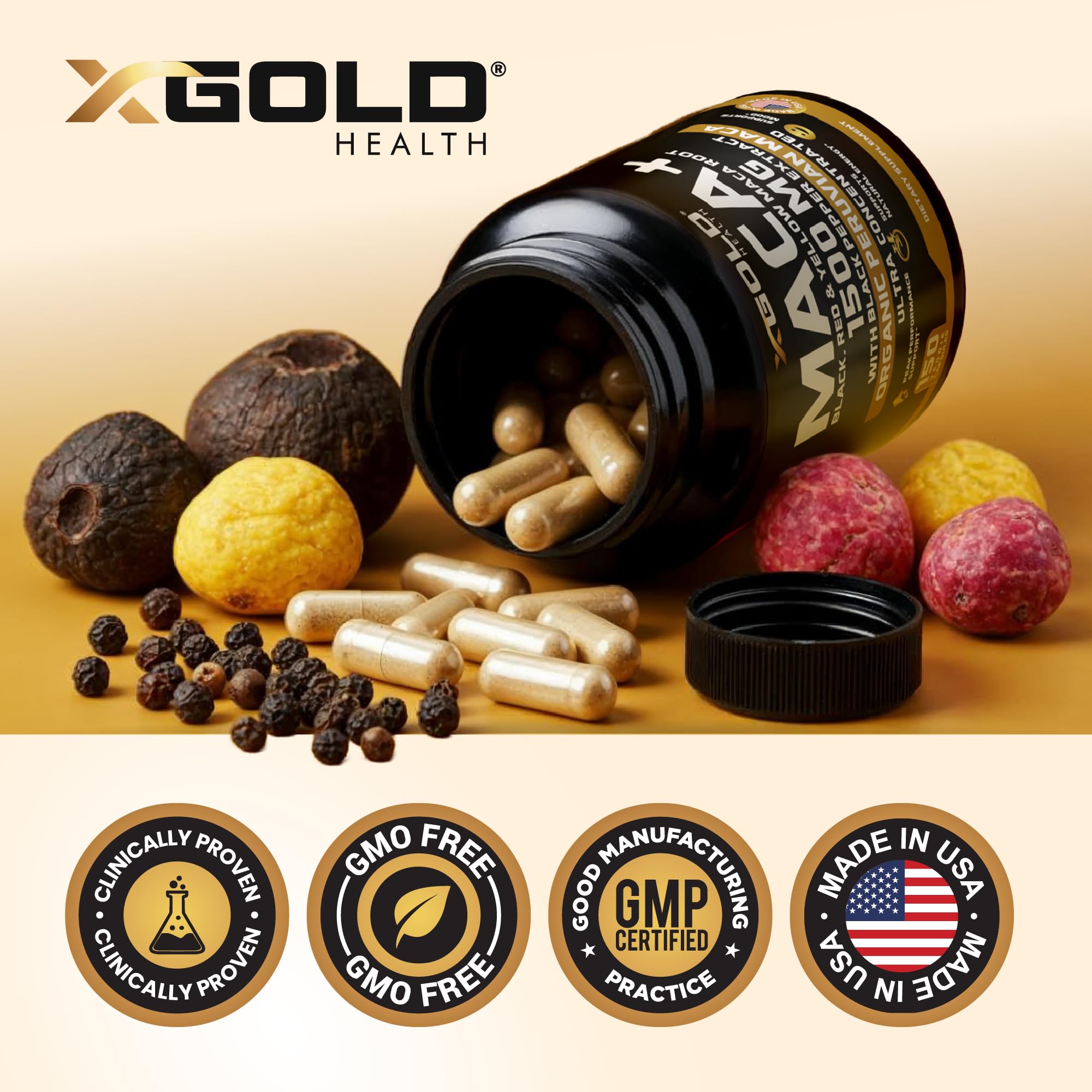 X Gold Health label notes organic Peruvian maca origin for quality sourcing.