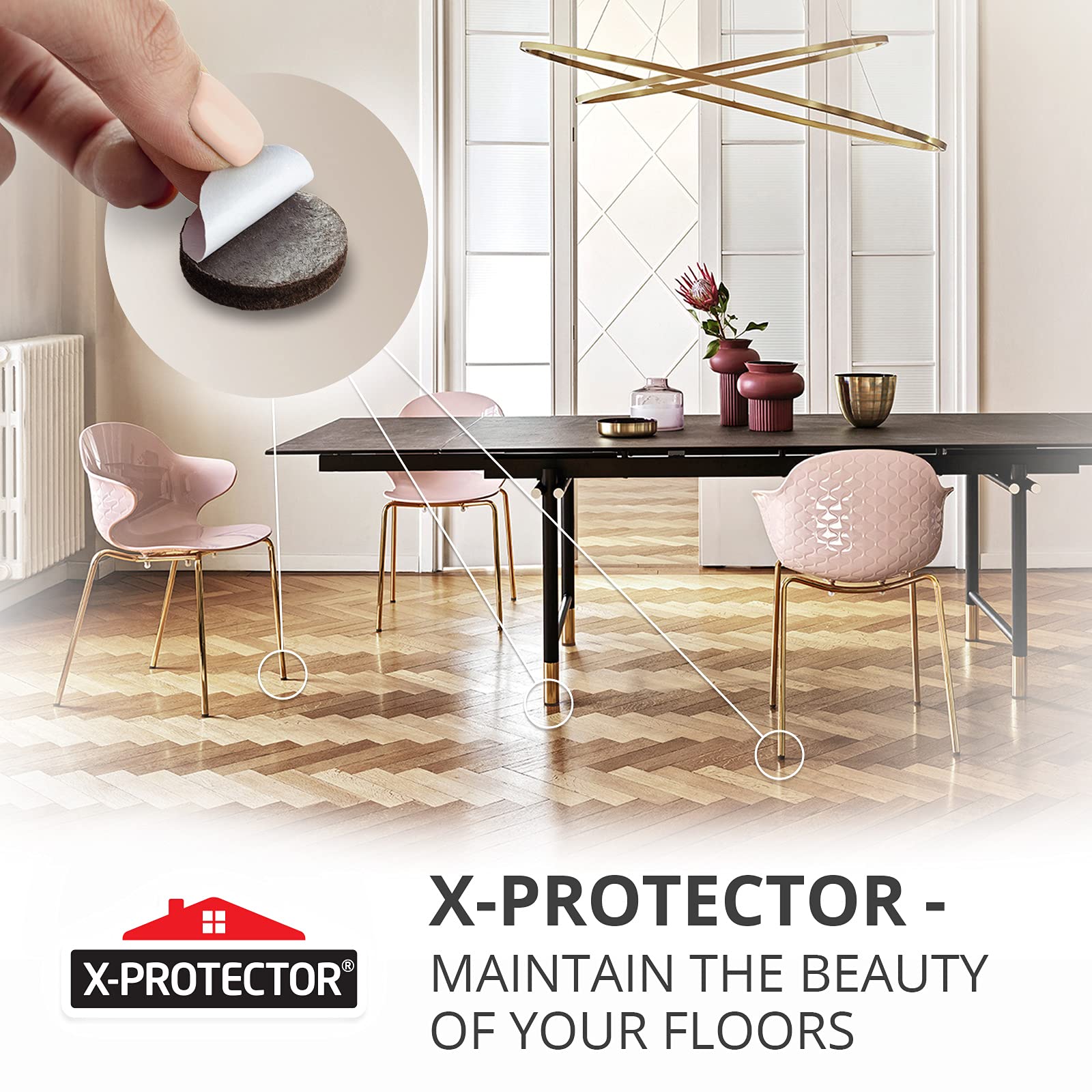 X-Protector 56-piece set guards floors and keeps furniture feet quiet.