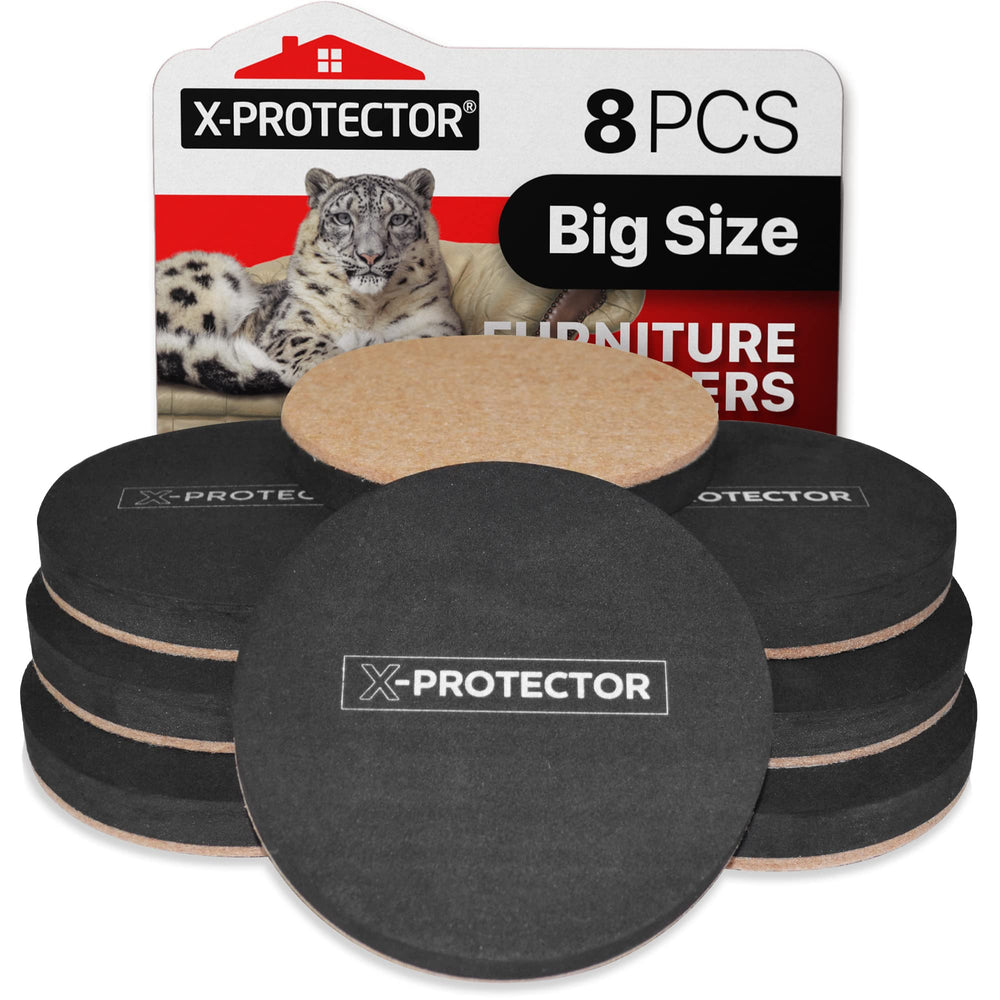 X-Protector felt sliders 4 3/4 inch under heavy furniture on hardwood.