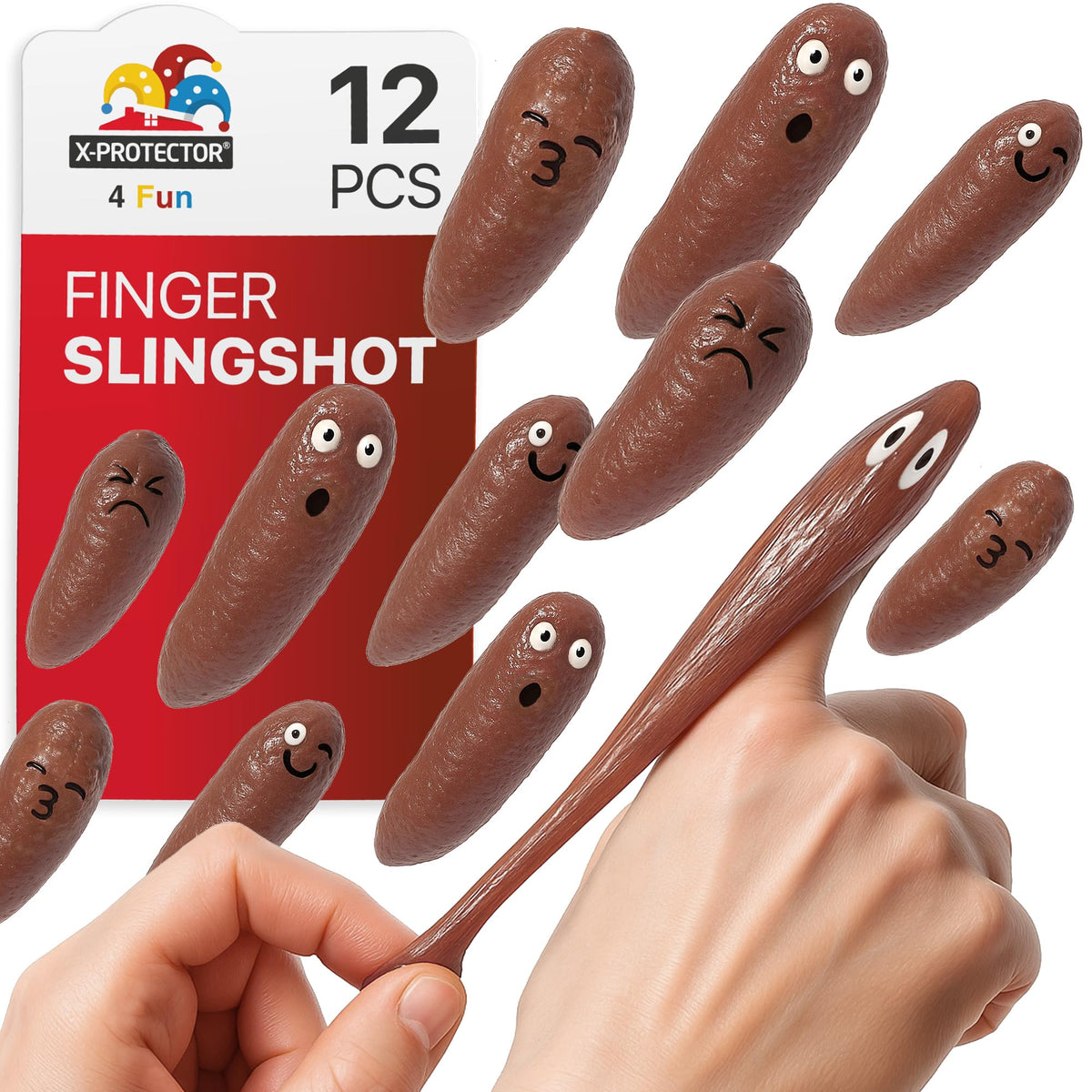 X-Protector rubber poop slingshot pack of 12 for indoor play and laughs.