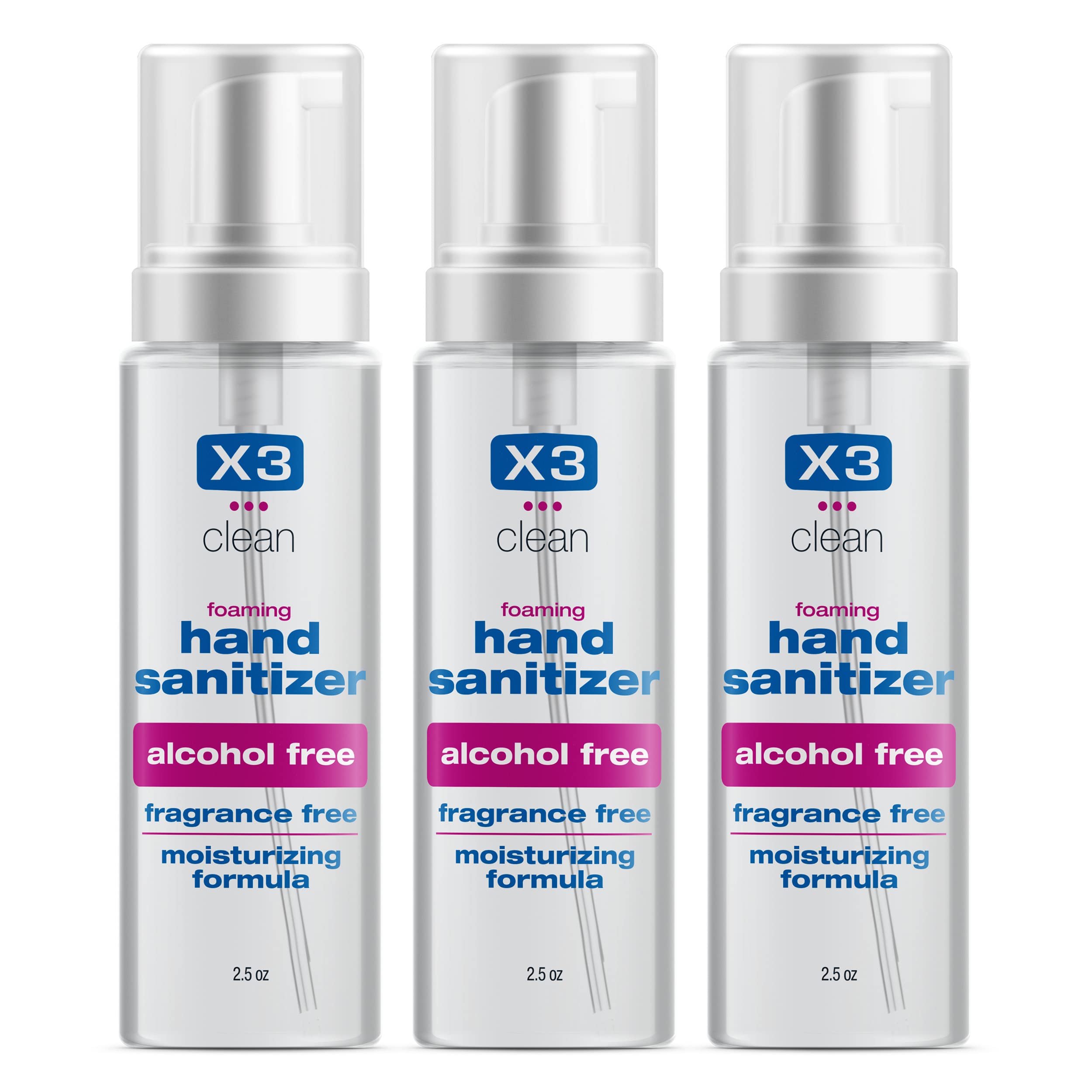 X3 Clean foaming hand sanitizer bottle front, travel-friendly, on-the-go use.