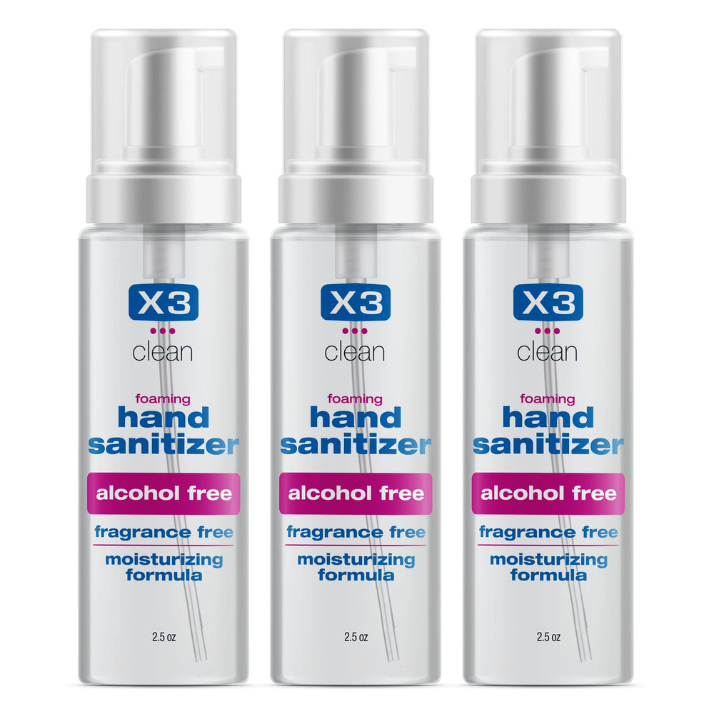X3 Clean foaming hand sanitizer bottle front, travel-friendly, on-the-go use.