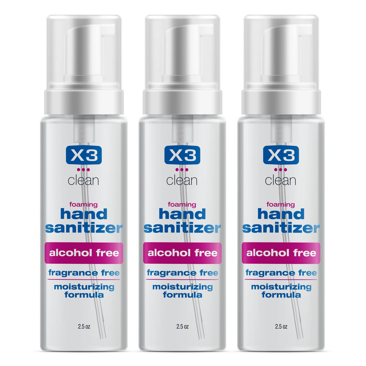 X3 Clean foaming hand sanitizer bottle front, travel-friendly, on-the-go use.