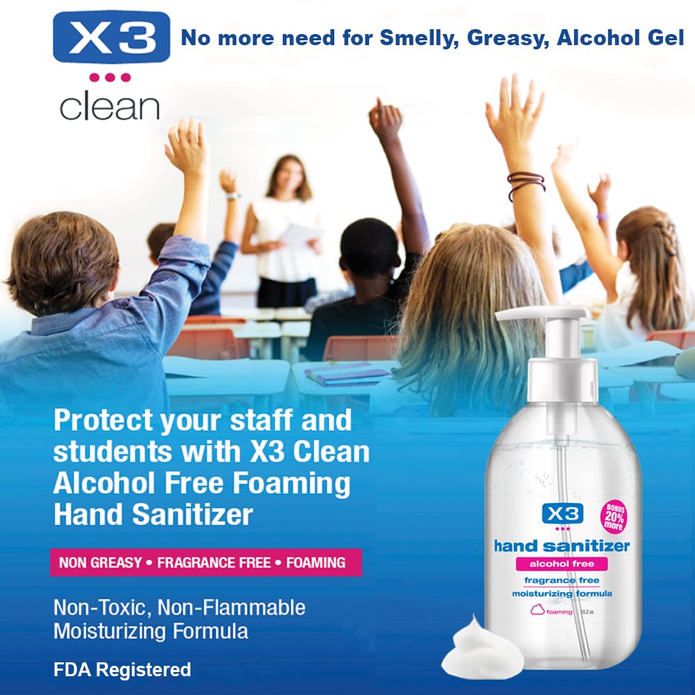 X3 Clean ten-point-two-ounce pump bottle pack enables convenient sanitizing.