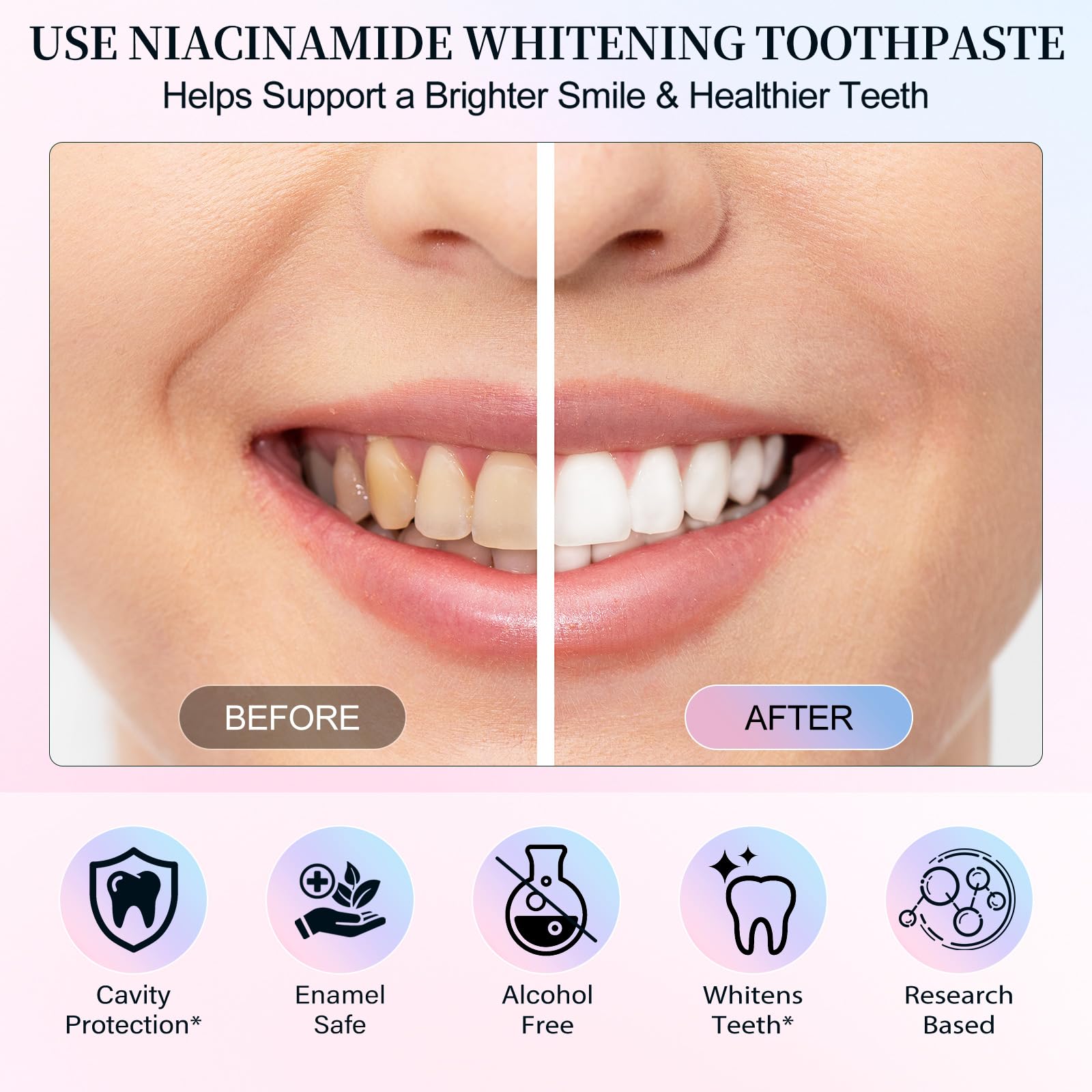 Xaarty Niacinamide toothpaste shown with gentle care for gums and fresh breath.