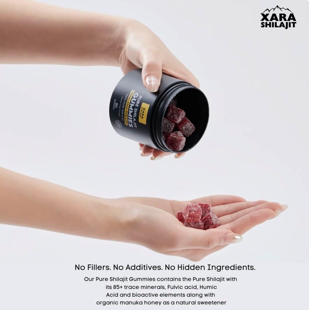 Xara Shilajit Gummies bottle back listing purity and ingredients