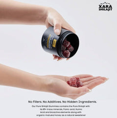 Xara Shilajit Gummies bottle back listing purity and ingredients