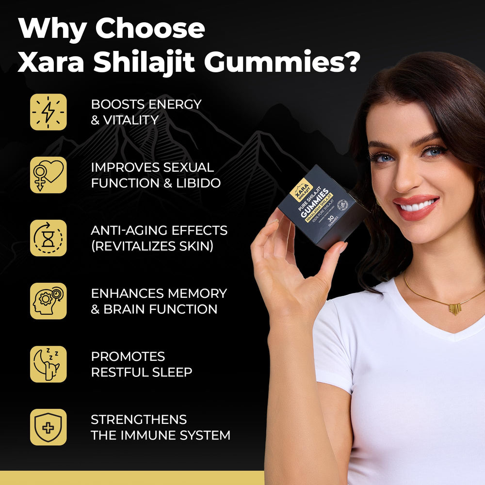 Xara Shilajit Gummies packaging on shelf for on-the-go vitality