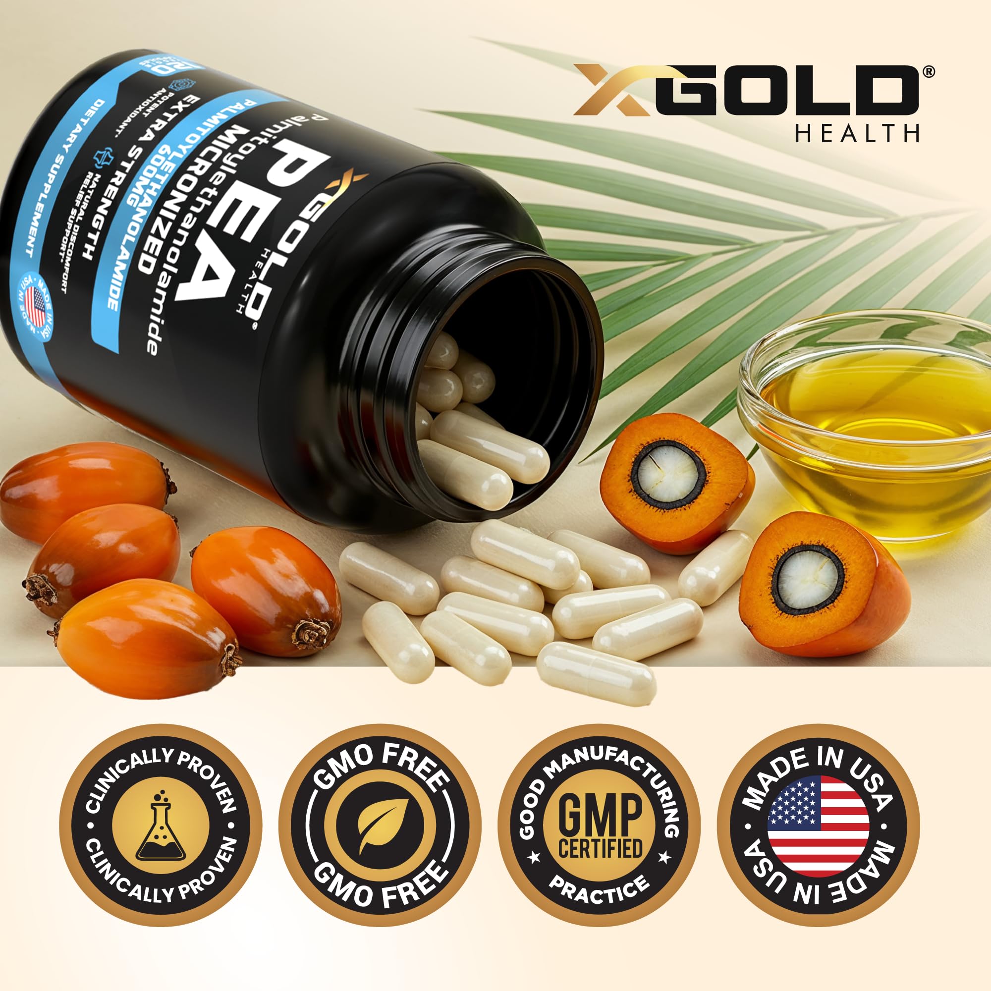 X Gold Health bottle with capsules top view highlighting organized packaging