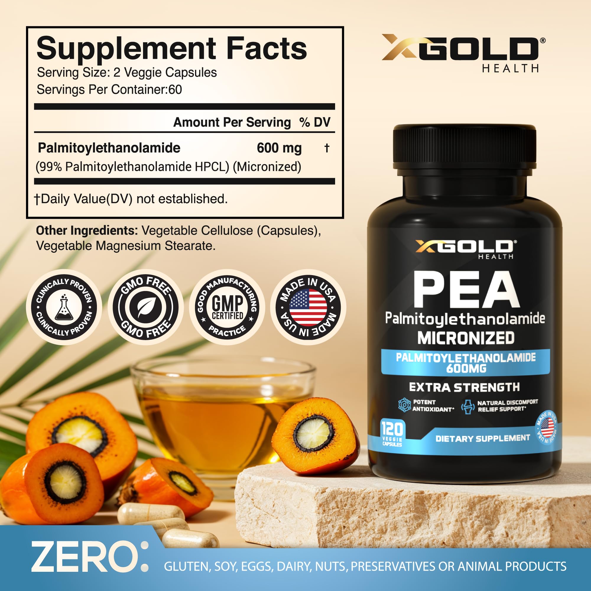 X Gold Health micronized PEA 99% capsules showcase high bioavailability