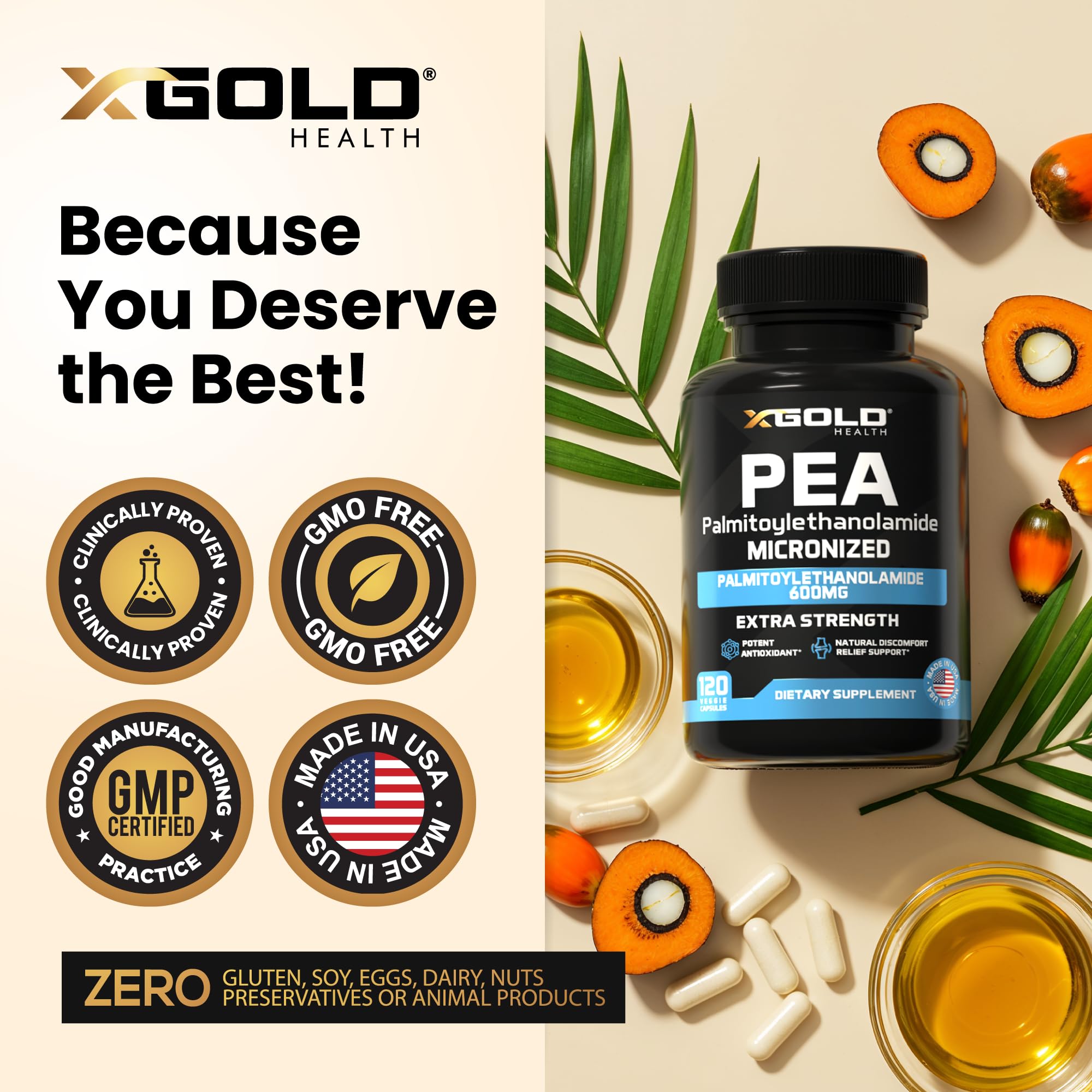 X Gold Health non-GMO and gluten-free icons indicating allergen-conscious formulation