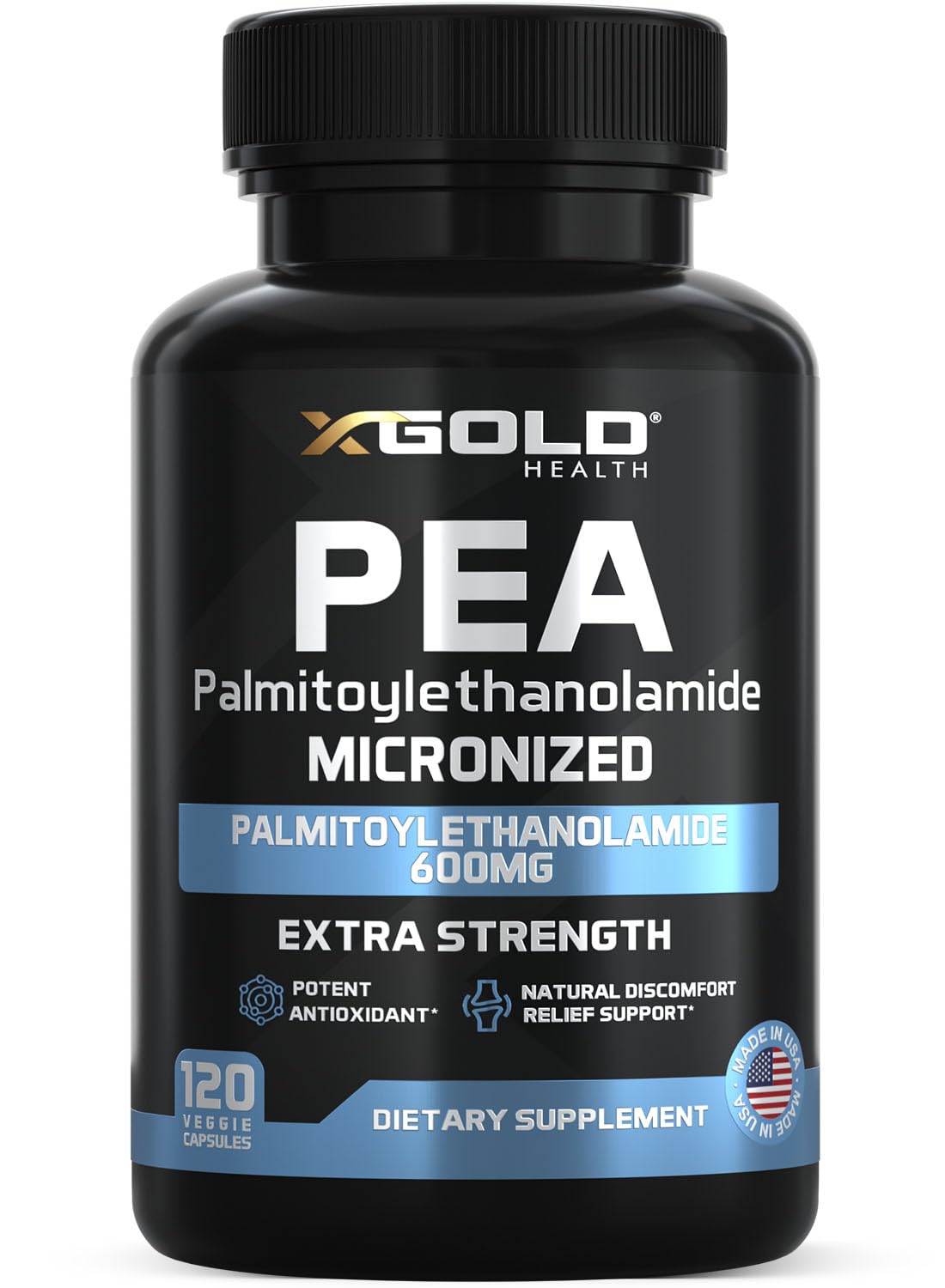 X Gold Health palmitoylethanolamide 600 mg bottle with capsules for daily comfort support