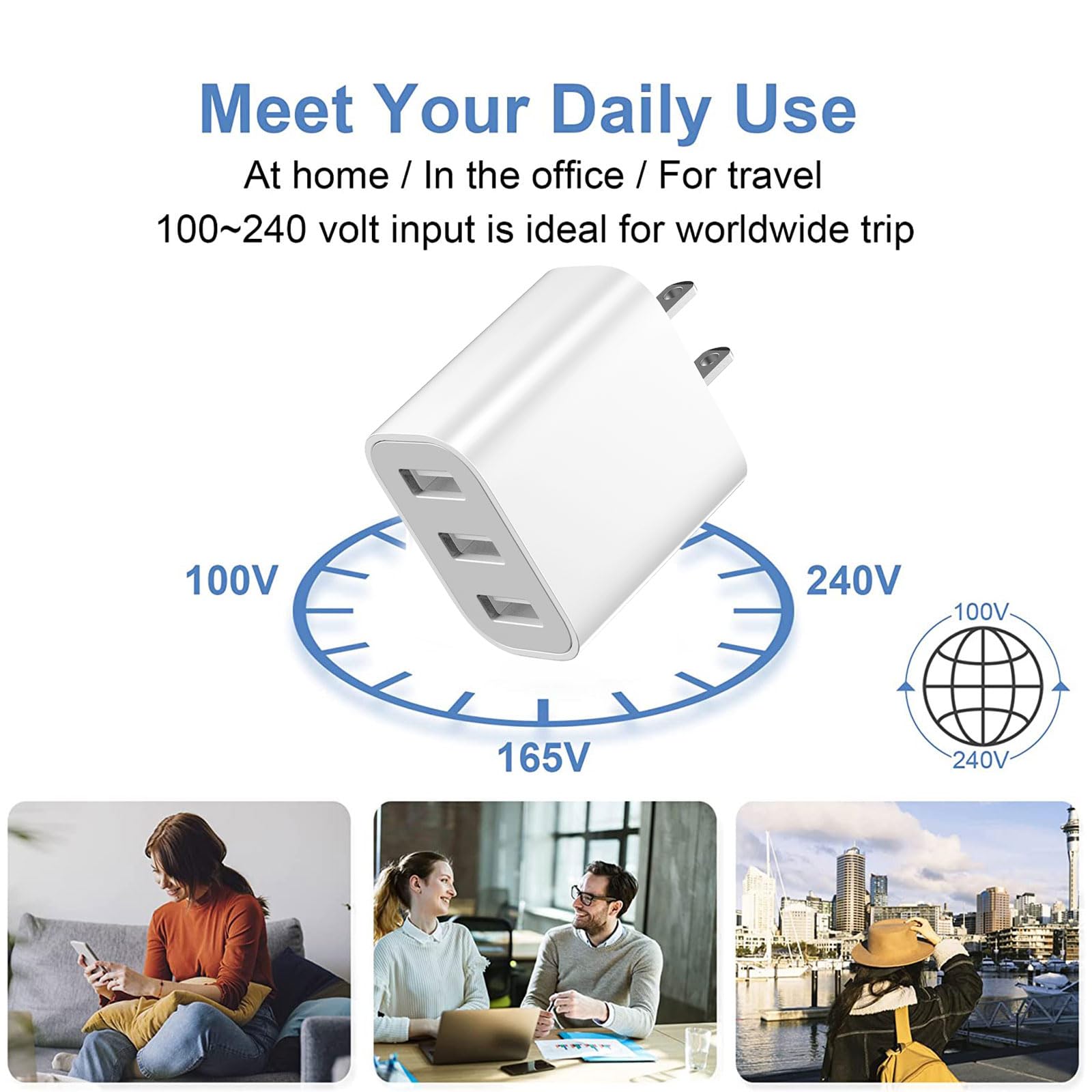 XIANGHONGYIAN 3-Port USB Wall Charger in-use, powers phone and tablet simultaneously