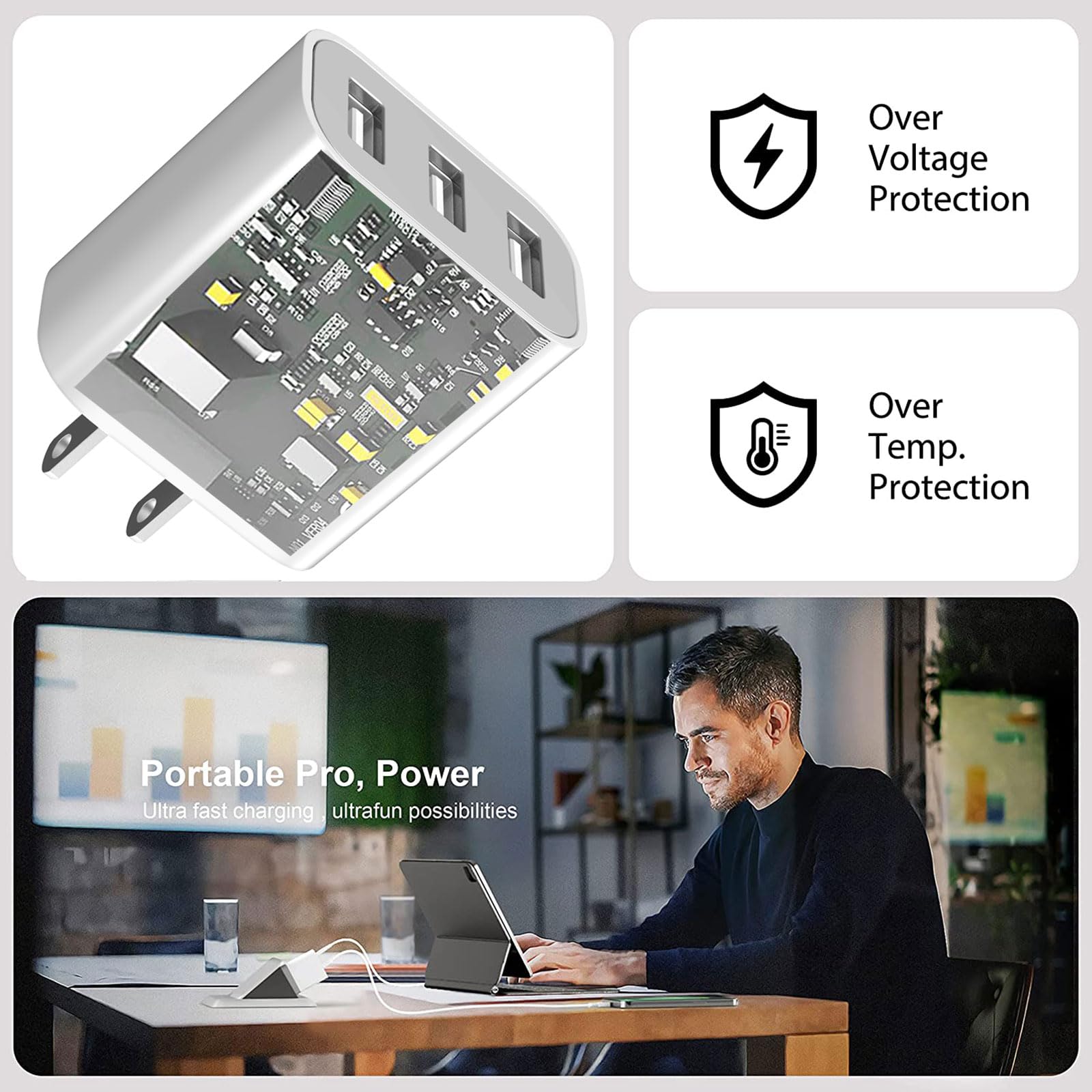 XIANGHONGYIAN 3-Port USB Wall Charger top view, accessible ports for quick plug-in