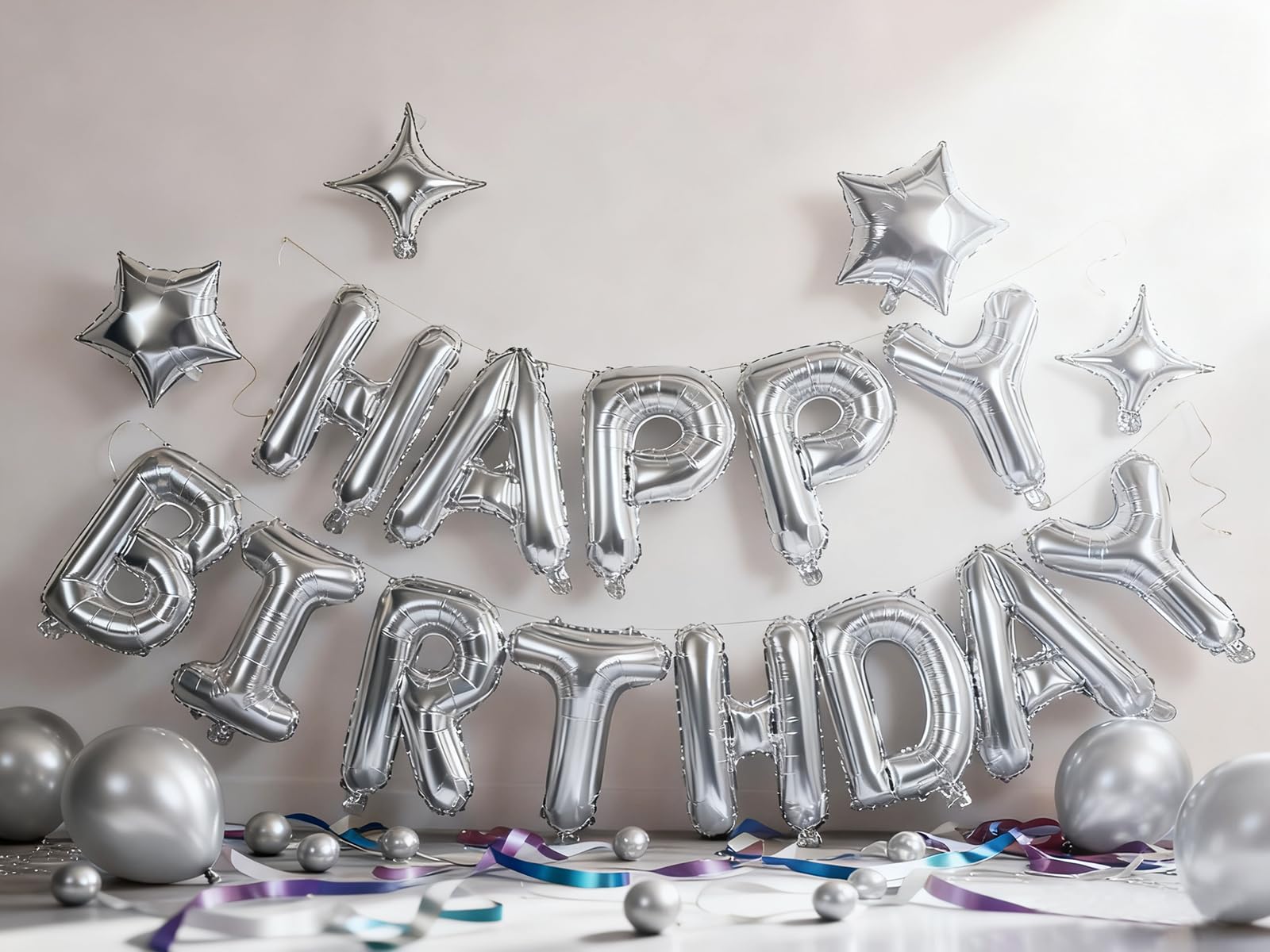 Xiangsushijie silver 10in five-point star balloons add festive sparkle.