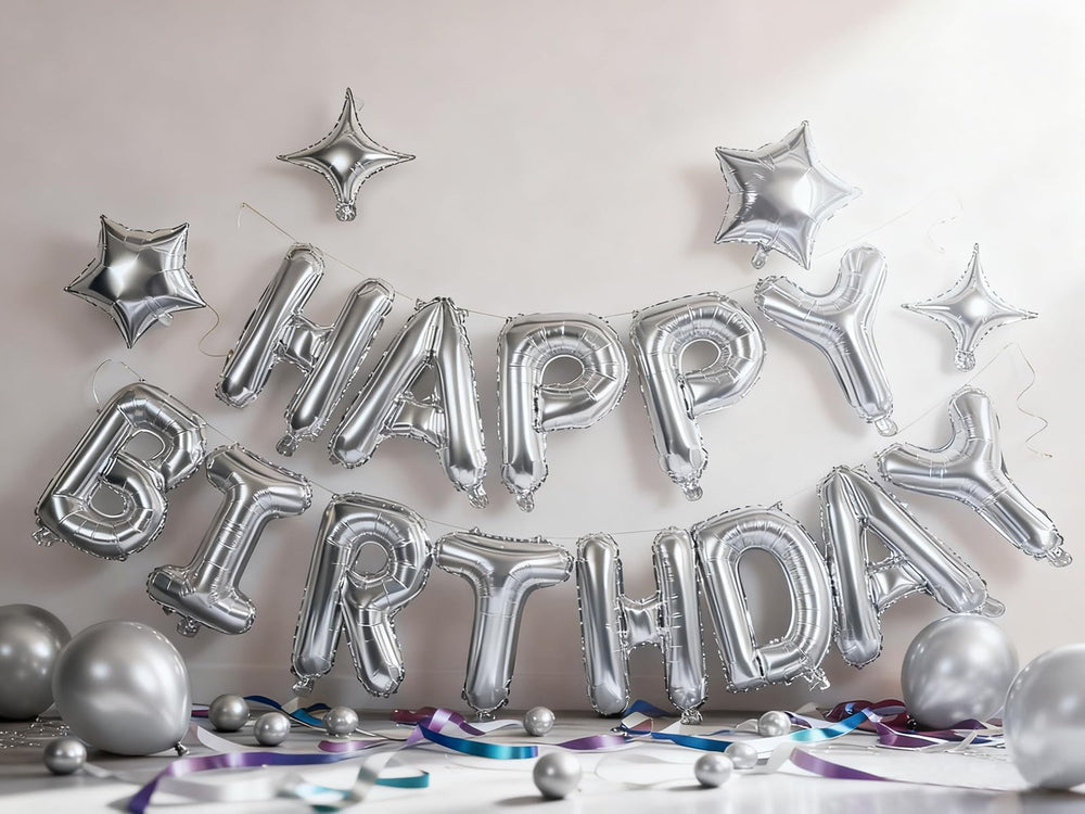 Xiangsushijie silver 10in five-point star balloons add festive sparkle.