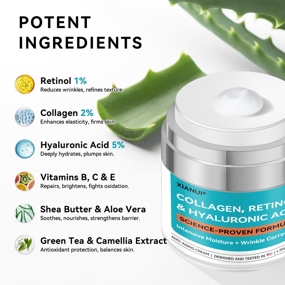 Label highlights collagen and hyaluronic acid ingredients for firmness and hydration.