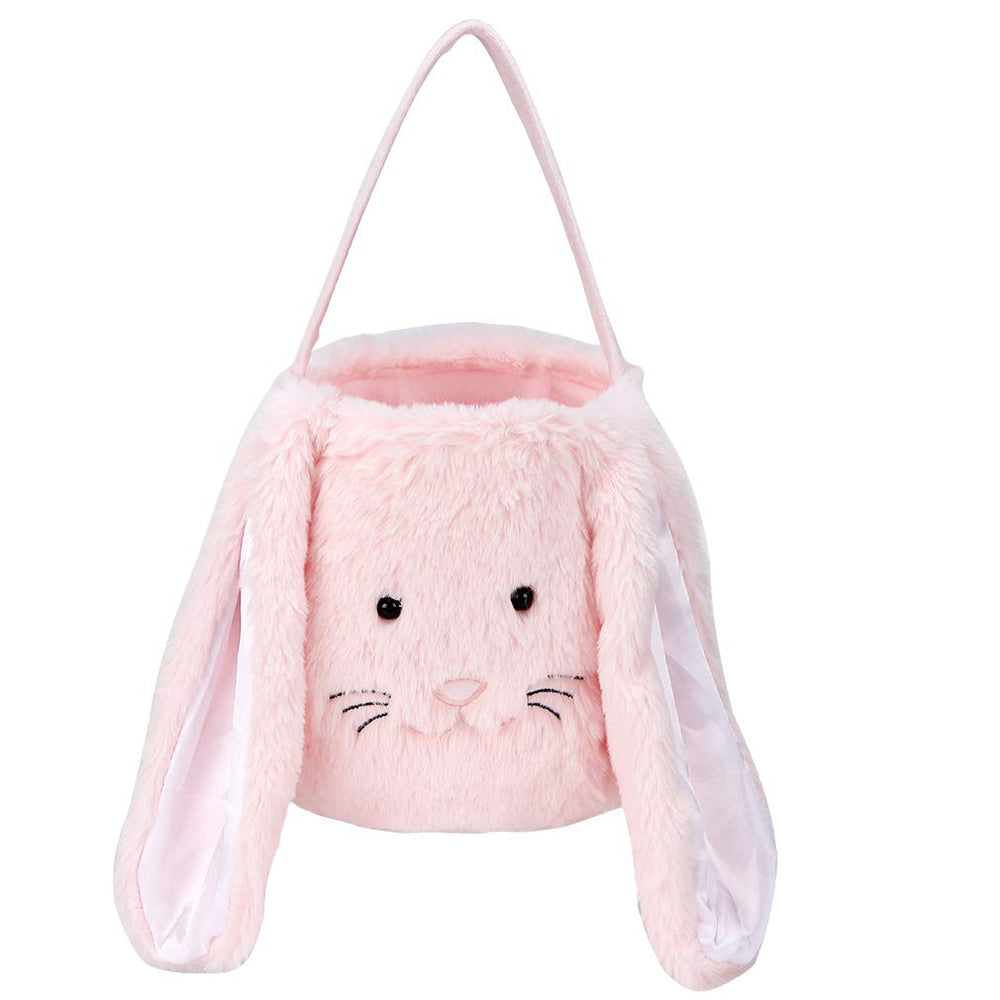 XinblueCo Easter bunny basket ears close up, featuring adjustable long ears and plaid detail.