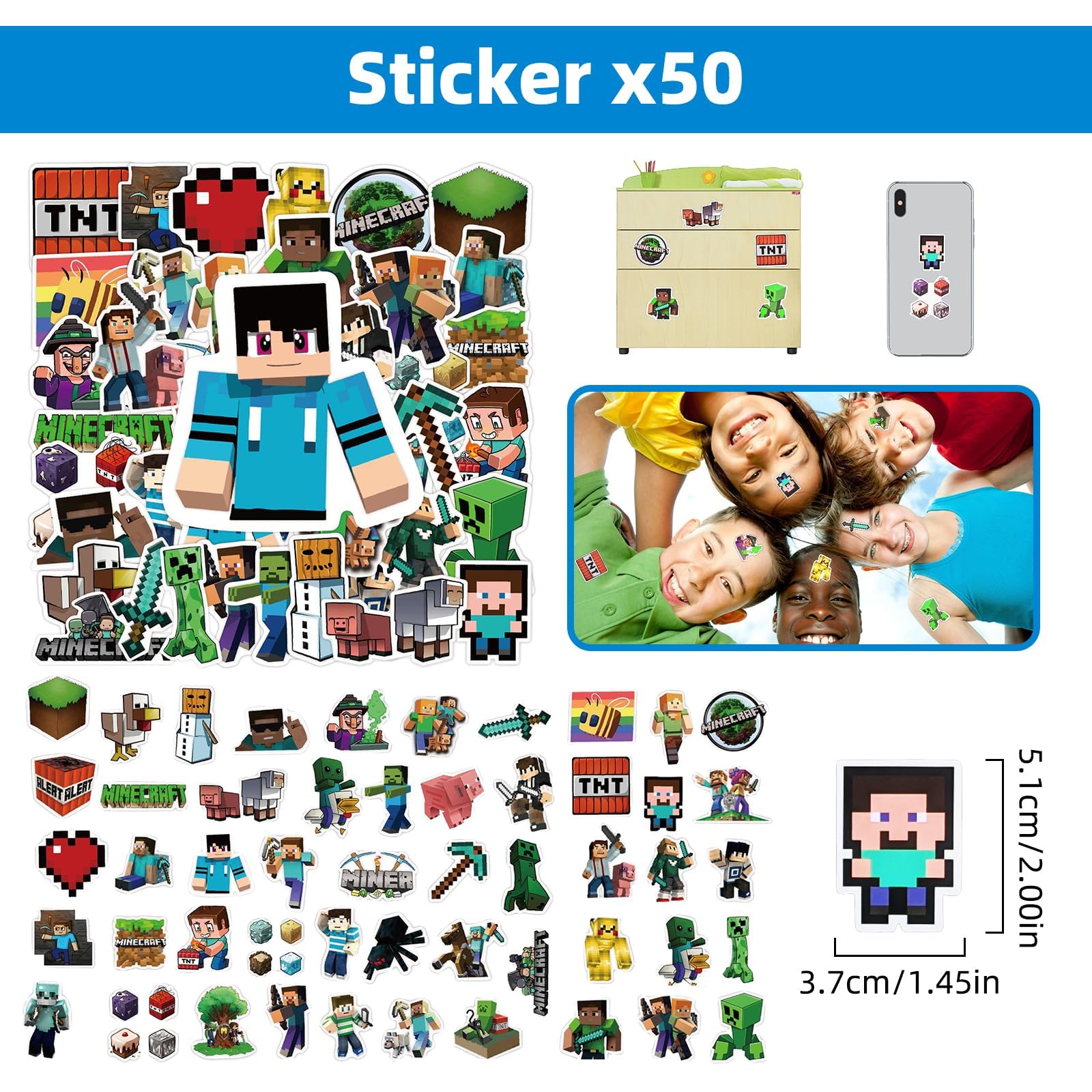 Xioose Pixel Style 50 vinyl stickers for cups and laptops, removable design.
