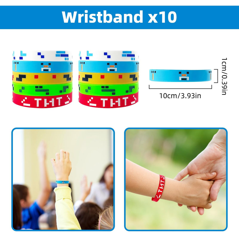 Xioose Pixel Style 10 silicone wristbands, soft and safe for children.