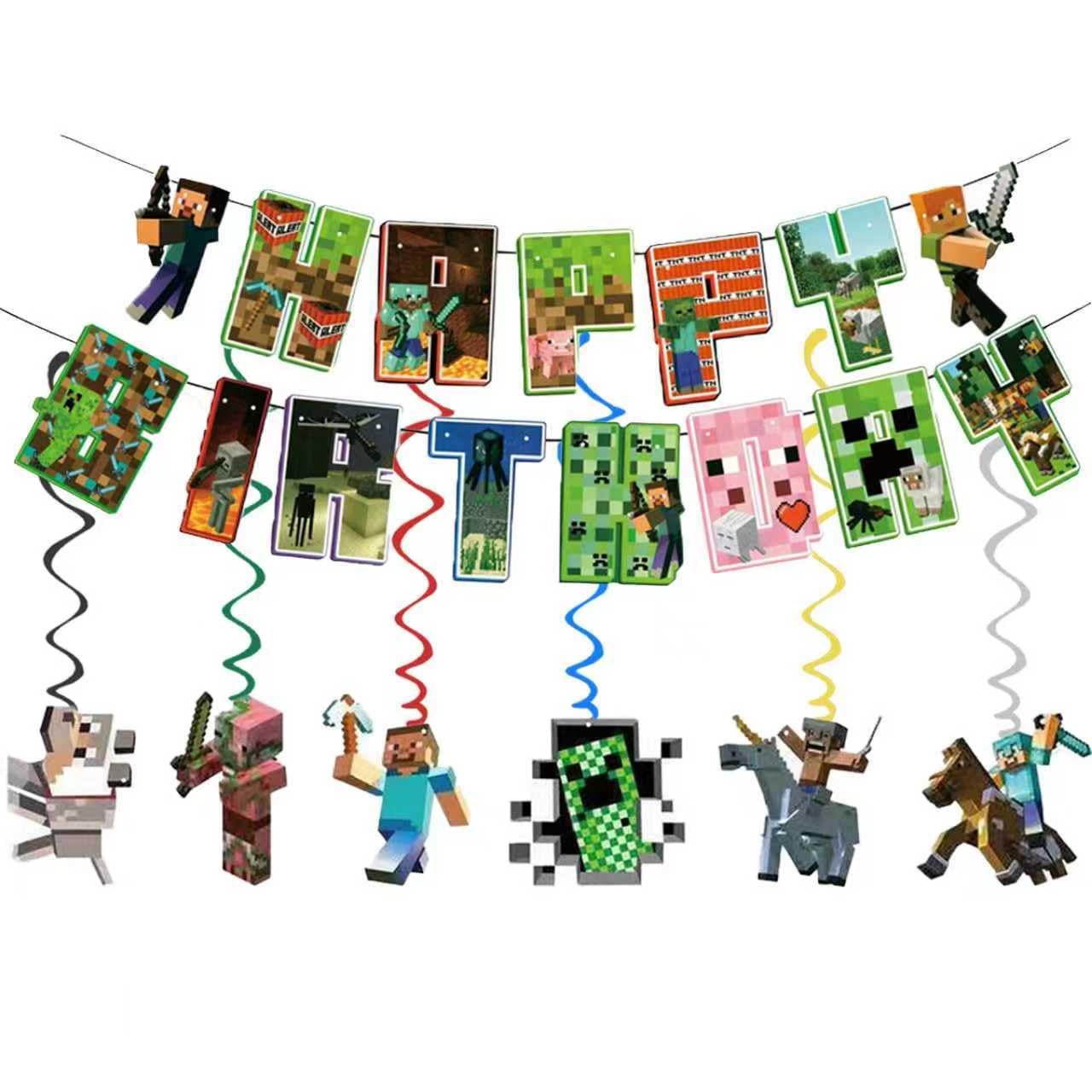 Xioose Pixel banner and tablecloth setup for cohesive party styling.
