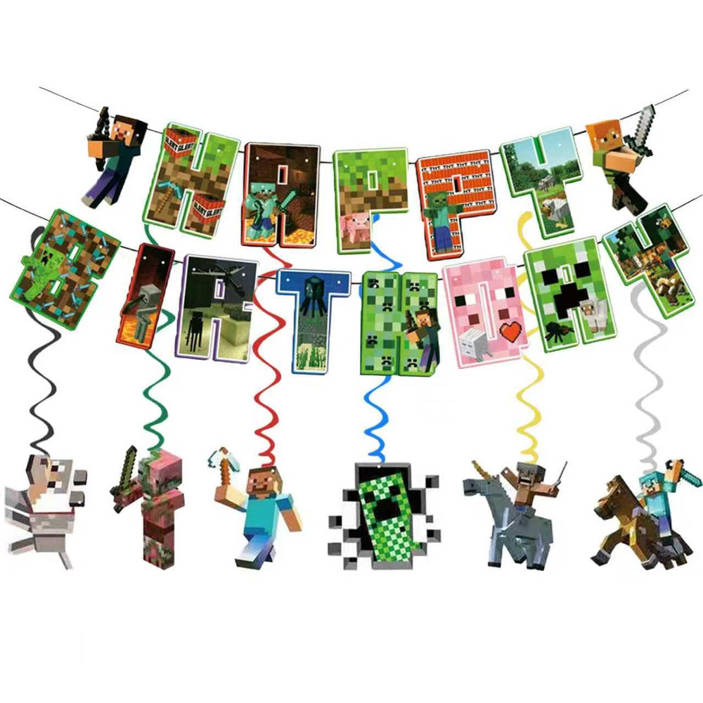 Xioose Pixel banner and tablecloth setup for cohesive party styling.