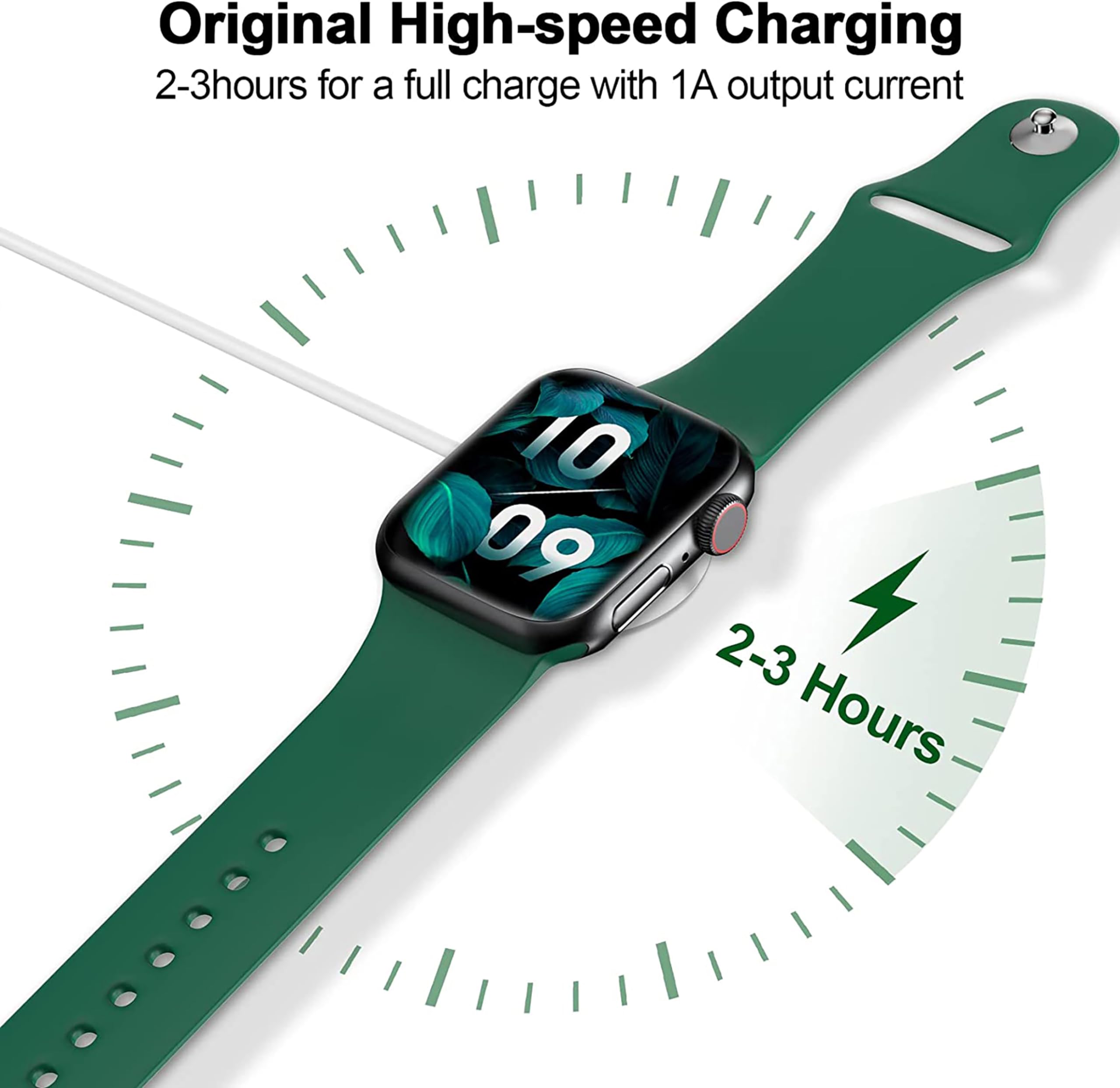 Xiwxi magnetic Apple Watch charger cable with wristwatch on charger in white