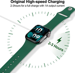 Xiwxi magnetic Apple Watch charger cable with wristwatch on charger in white
