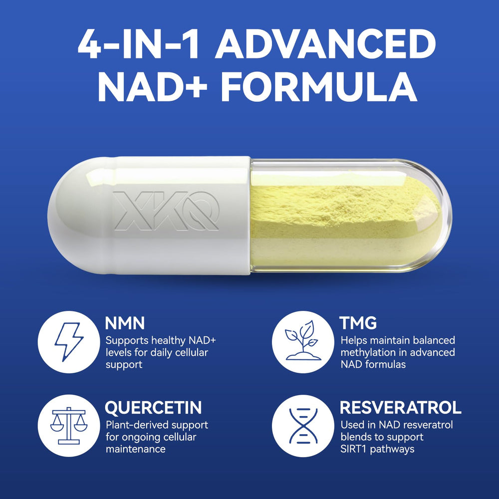 XKQ NAD+ supplement bottle back detailing ingredients and serving size