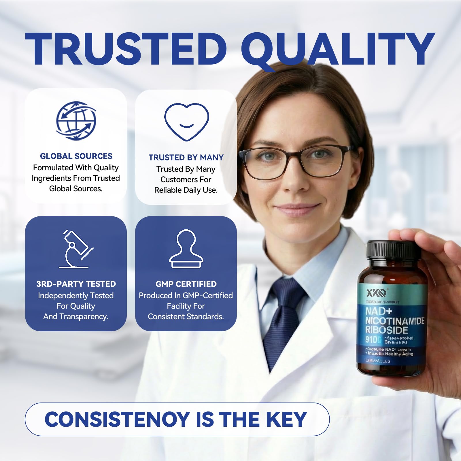 XKQ NAD+ supplement ingredients panel showing resveratrol and liposomal NAD blend