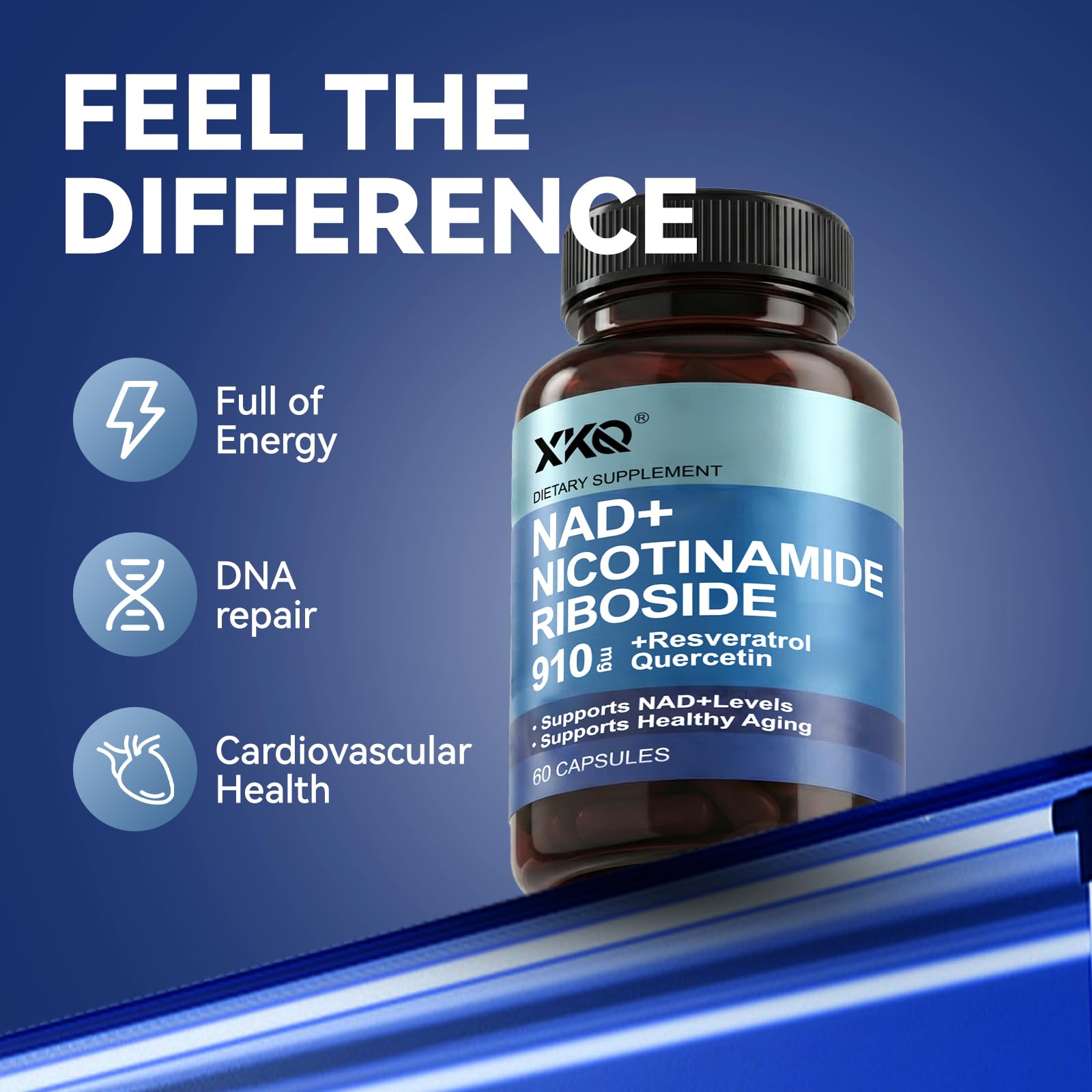 XKQ NAD+ supplement packaging flatlay with modern wellness branding