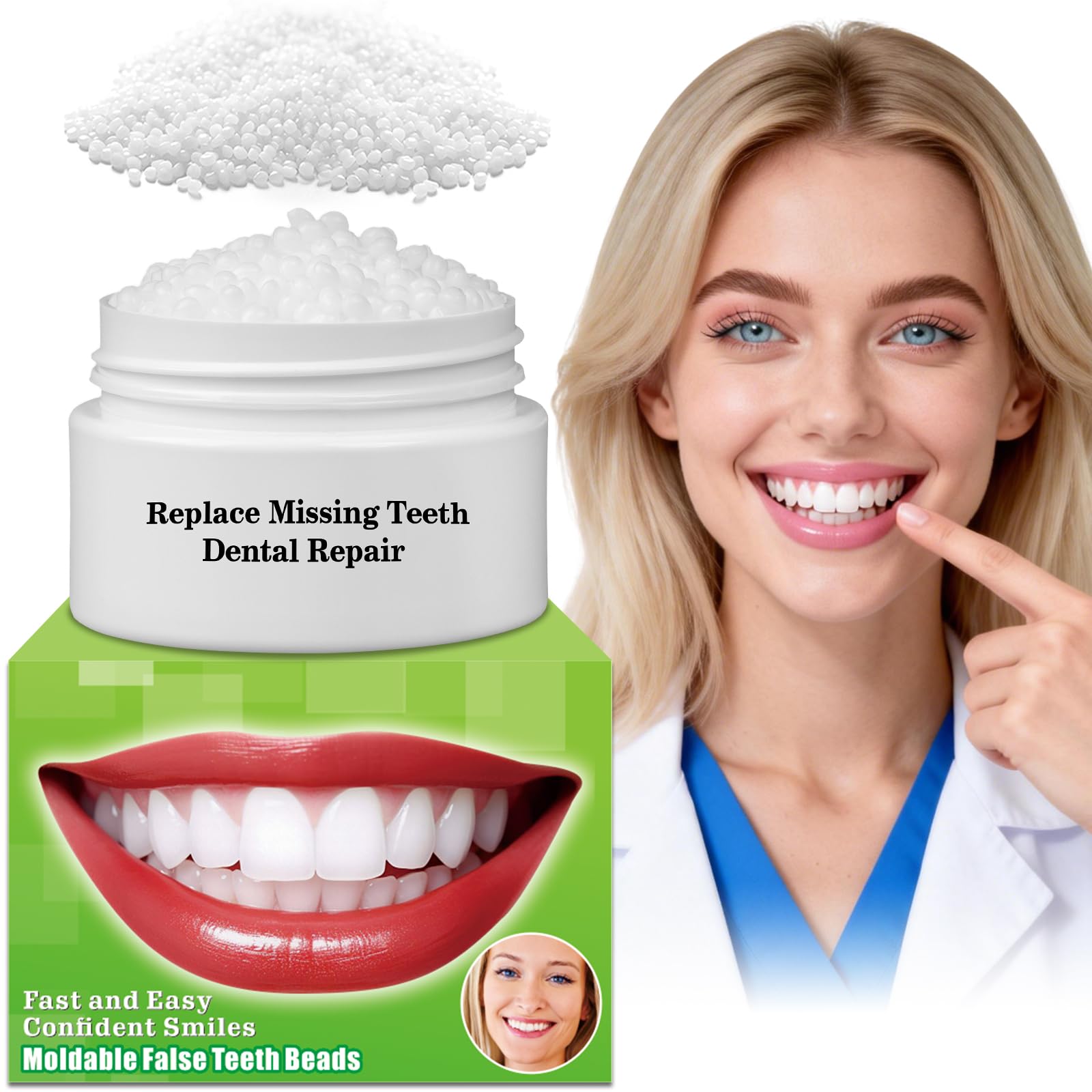 XLMCWT moldable teeth beads close-up showing natural color blend for discreet repair.