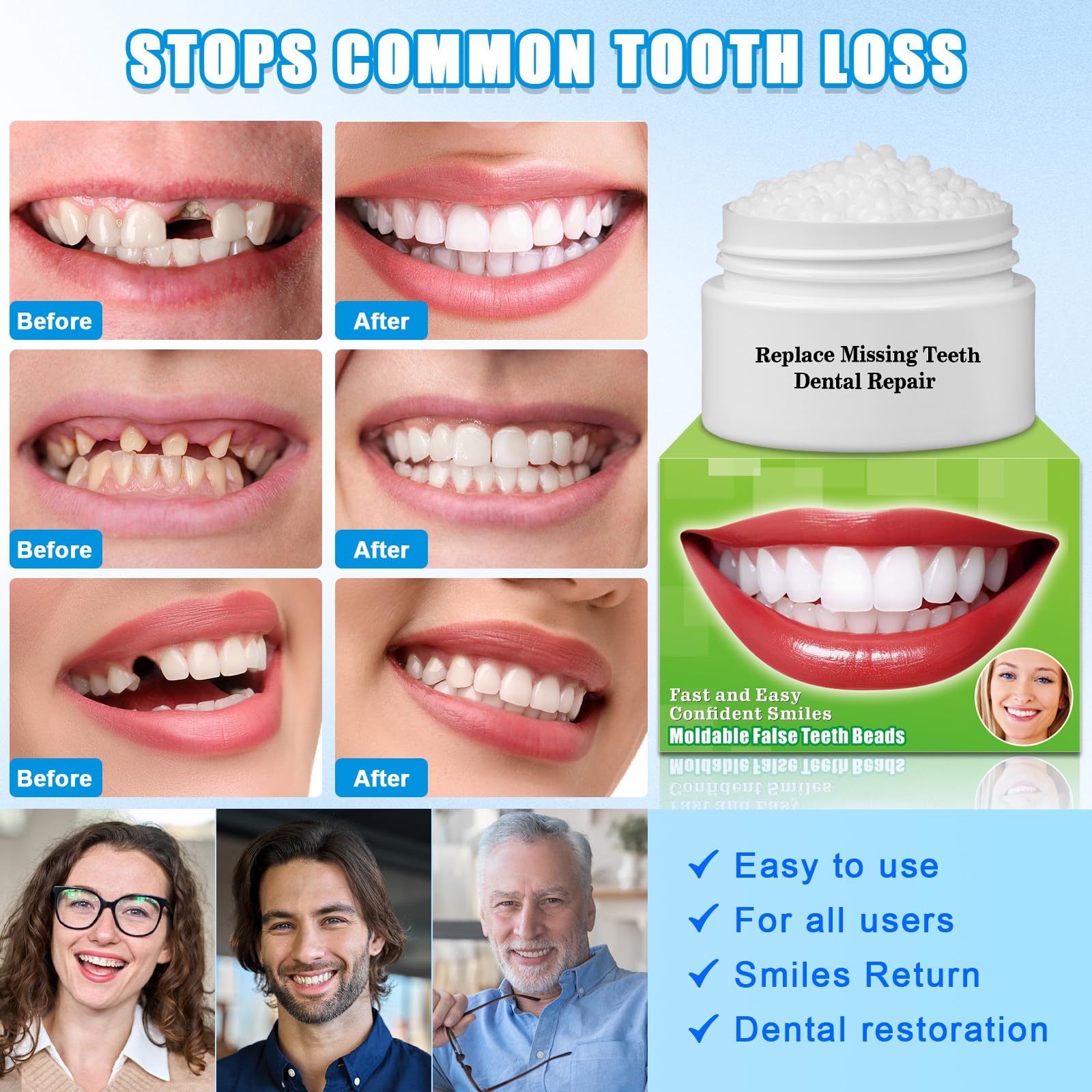 XLMCWT tooth repair kit usage steps demonstrating easy setup.