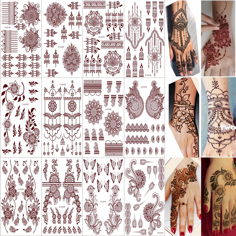 Xmasir henna tattoo sheets displaying 12 designs for quick body art
